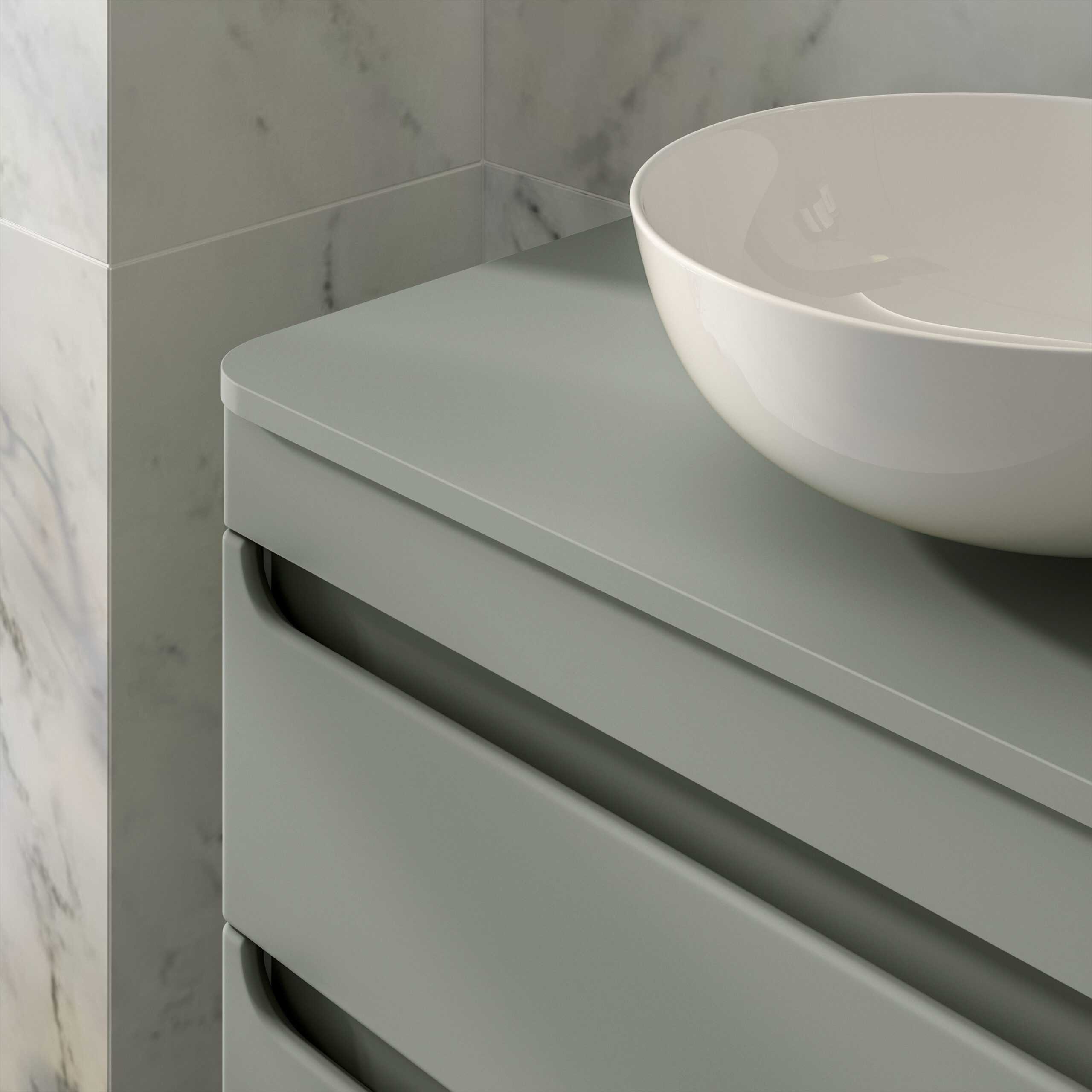 Sleek grey bathroom vanity with white vessel sink and marble wall tiles, modern bathroom design, contemporary fixtures, minimalist bathroom vanity unit for stylish bathroom decor.