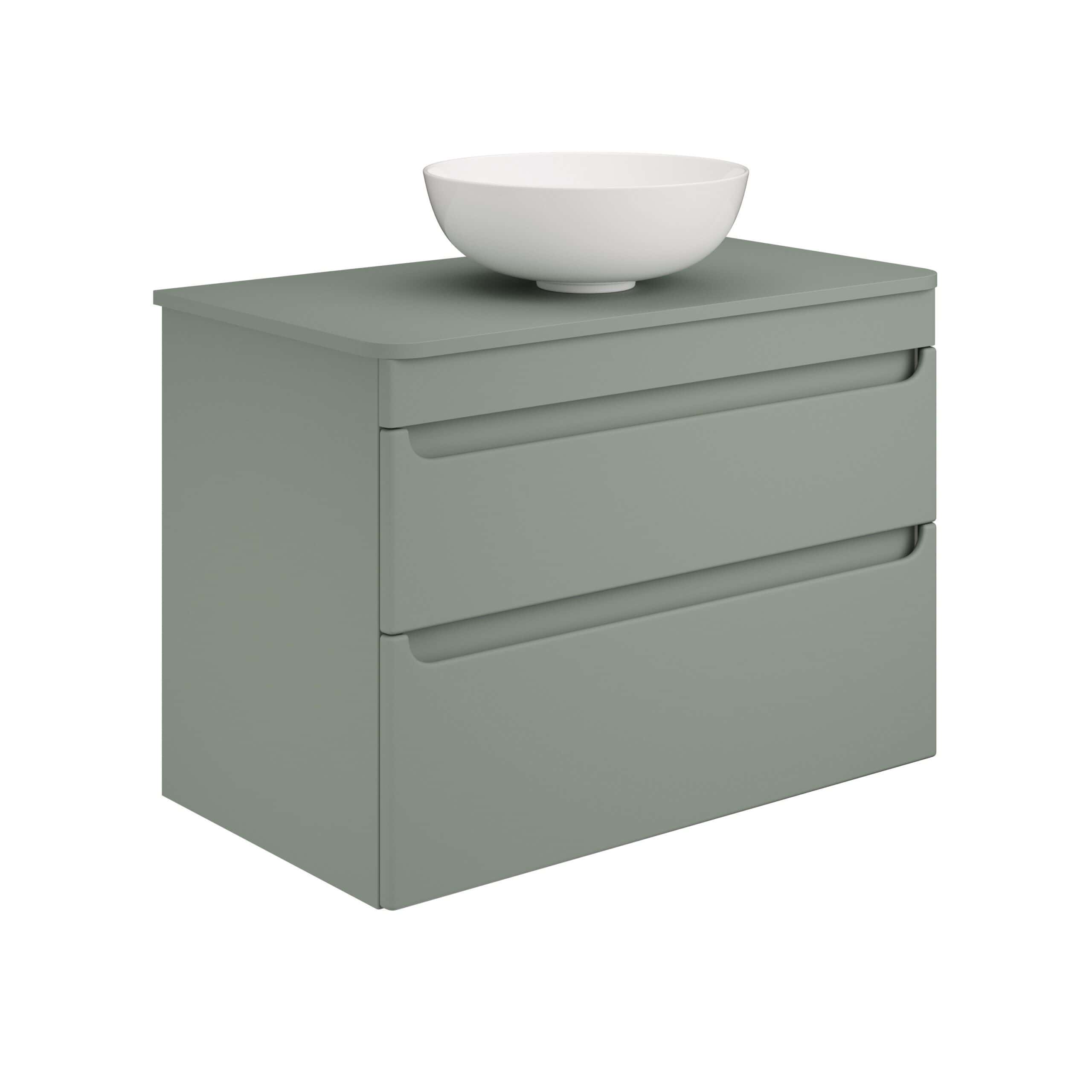 Sleek grey bathroom vanity with drawer storage and a modern white vessel sink, perfect for contemporary bathroom renovations and high-end bathroom designs.