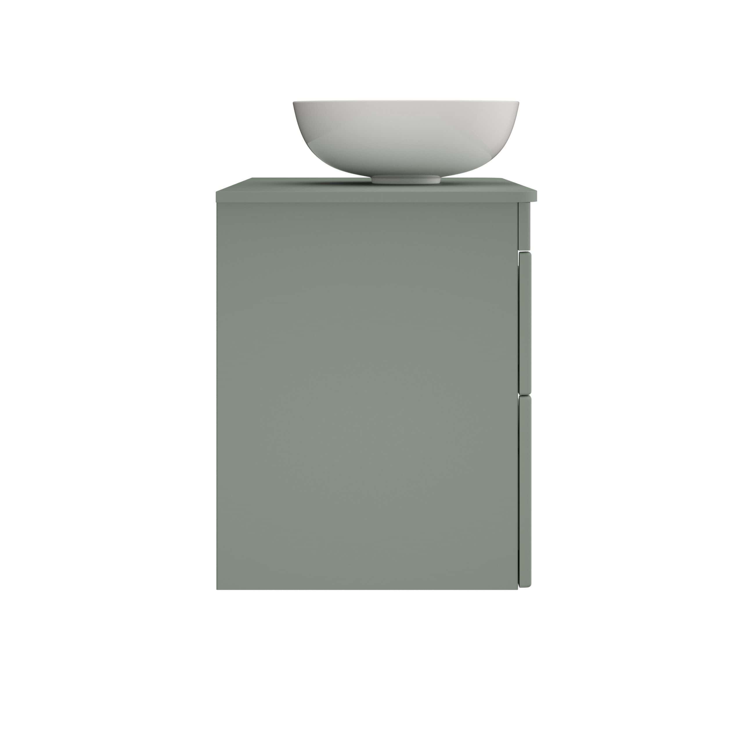 Sleek modern bathroom vanity with grey cabinet and white vessel sink, perfect for contemporary bathroom design and space-efficient storage solutions.