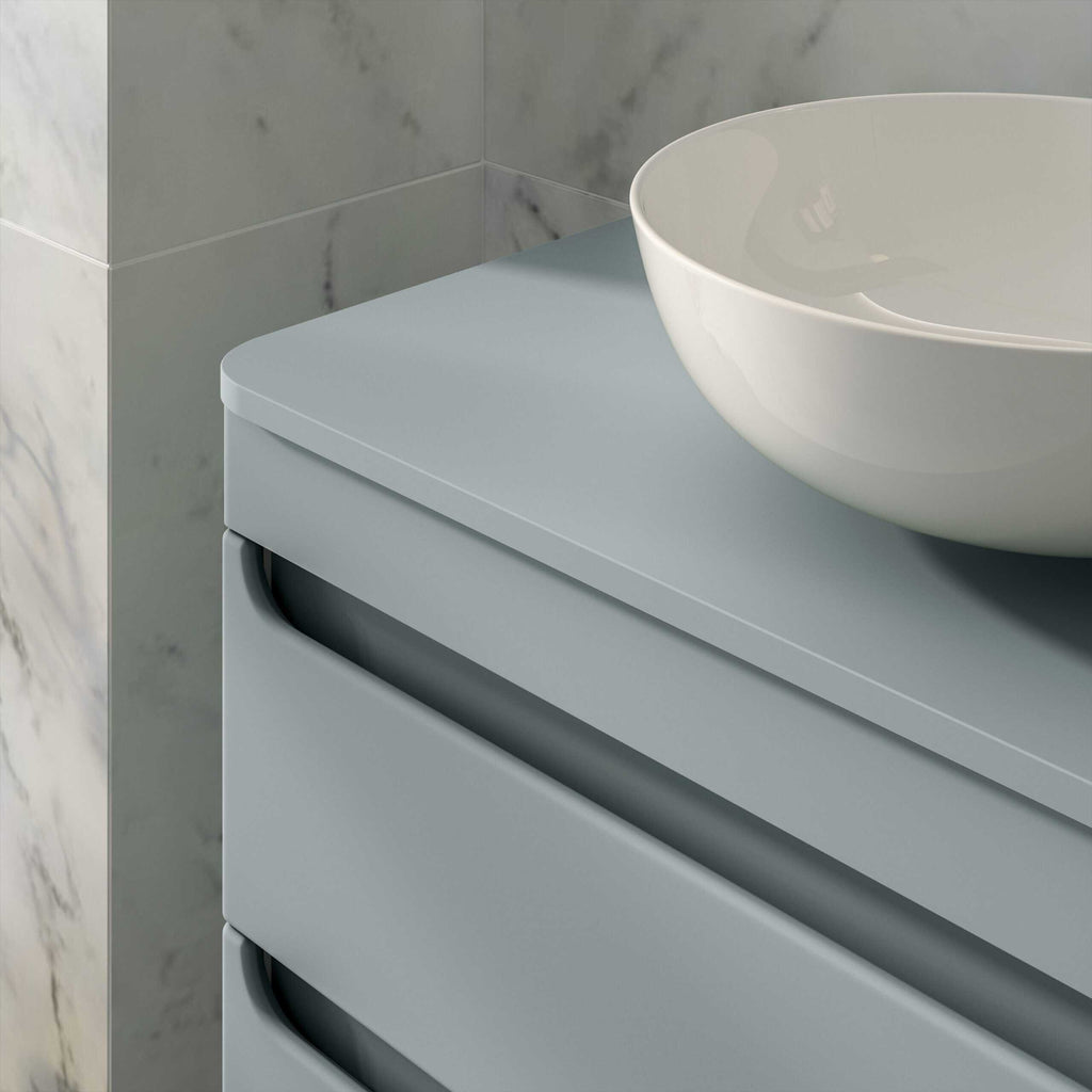 Sleek grey bathroom vanity with modern bowl sink for contemporary bathroom design.