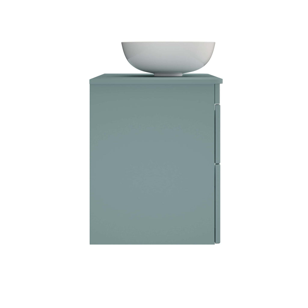 Modern blue bathroom vanity with a white vessel sink, minimalist design, sleek storage cabinet, perfect for contemporary bathroom interiors, high-quality materials, stylish and functional.