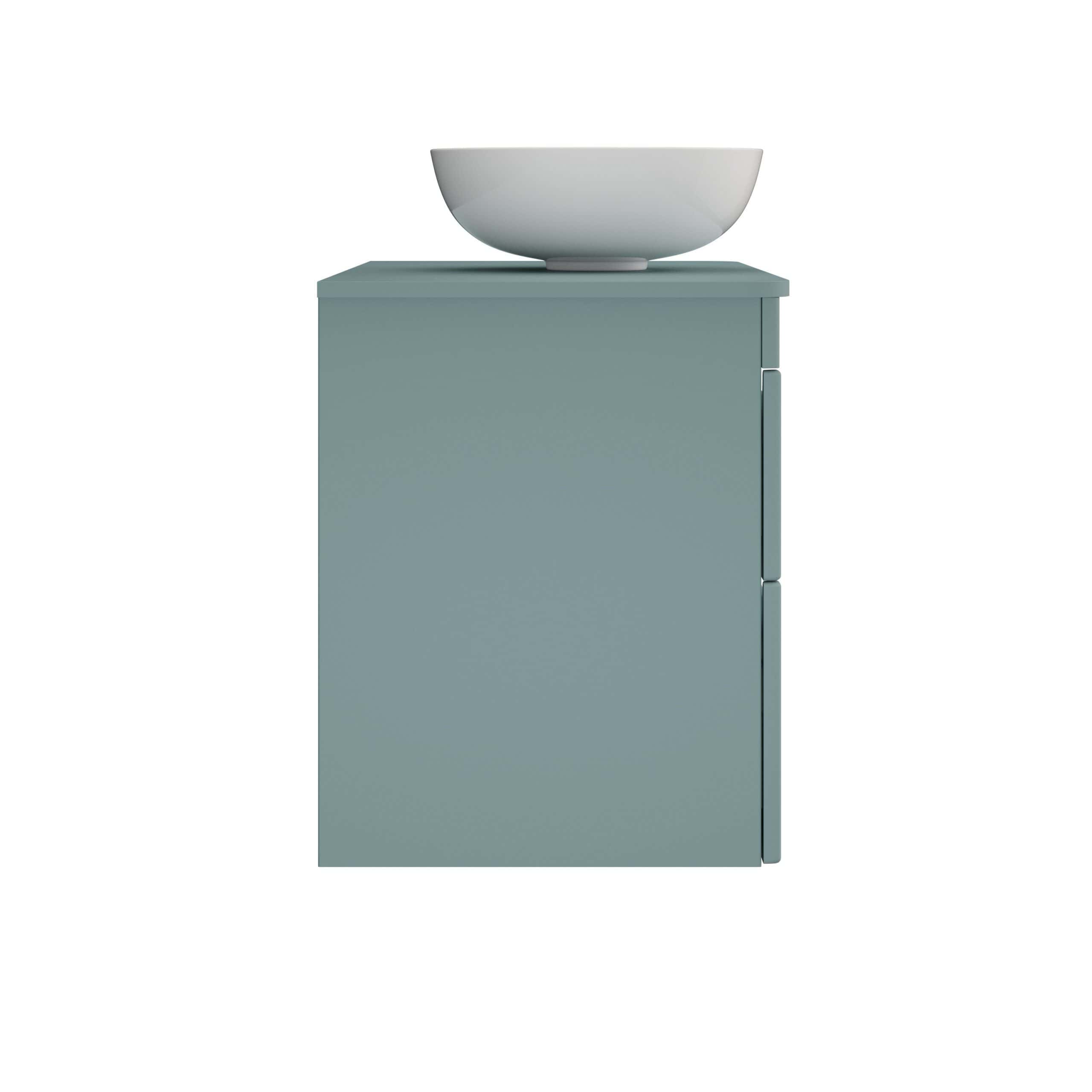 Modern blue bathroom vanity with a white vessel sink, minimalist design, sleek storage cabinet, perfect for contemporary bathroom interiors, high-quality materials, stylish and functional.