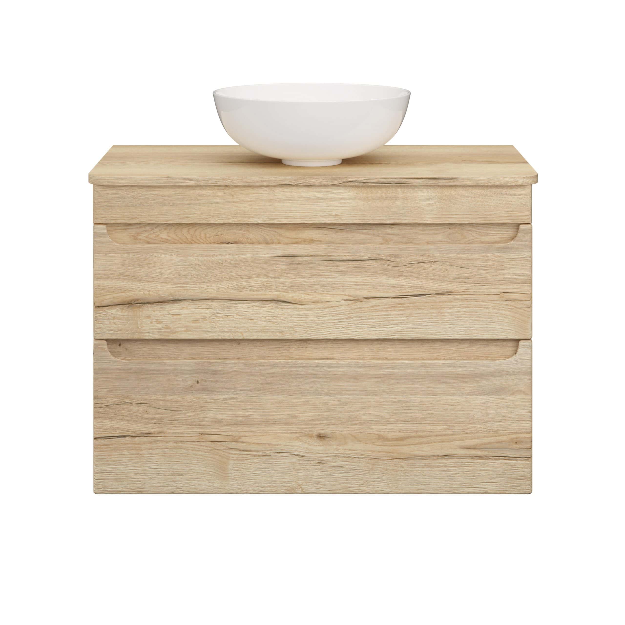 Sustainable wooden bathroom vanity with a whisky oak finish and a modern bowl sink on top, perfect for contemporary bathroom interiors.