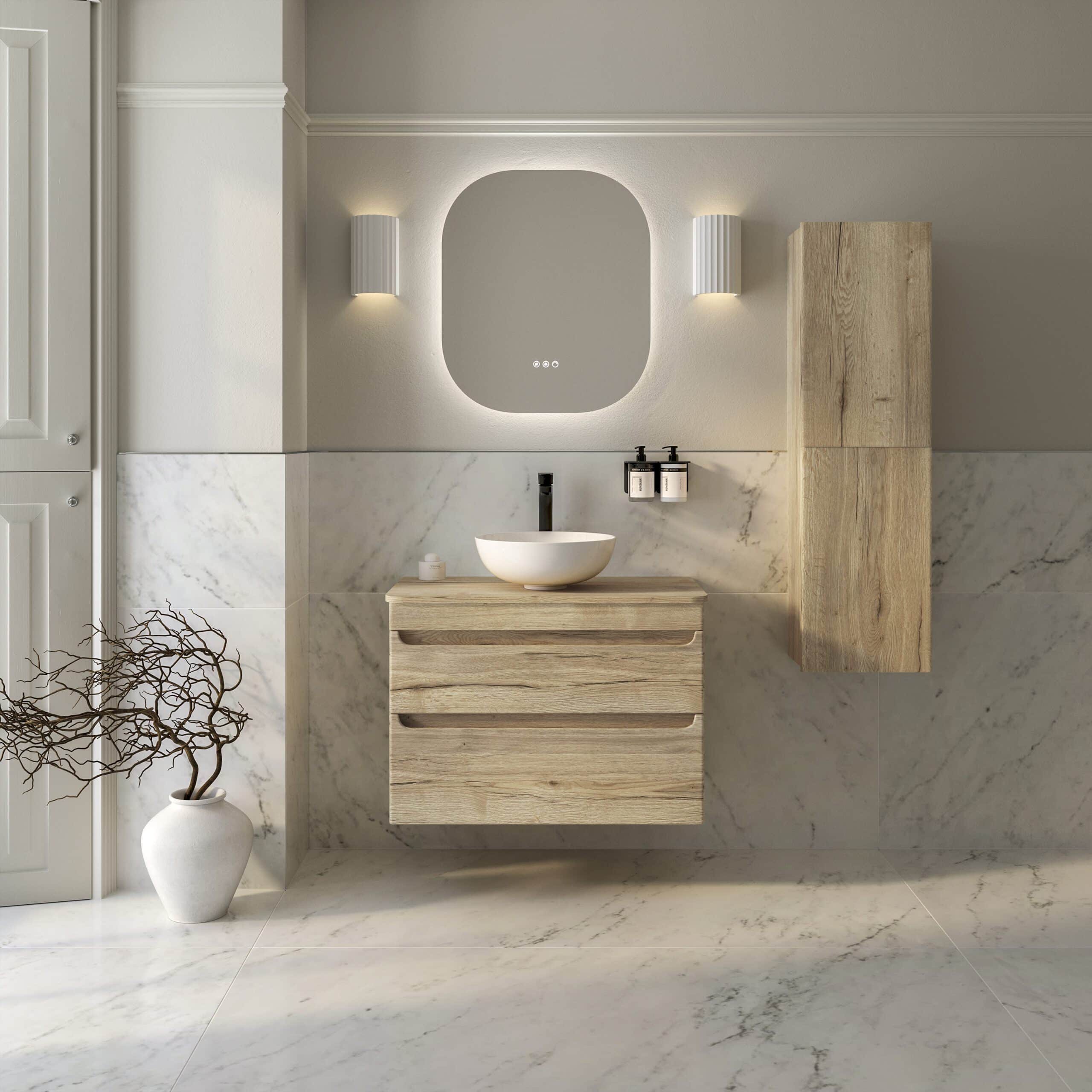 Stylish modern bathroom with a floating wooden vanity, round vessel sink, minimalist mirror with backlit LED lighting, and elegant marble wall and floor tiles.