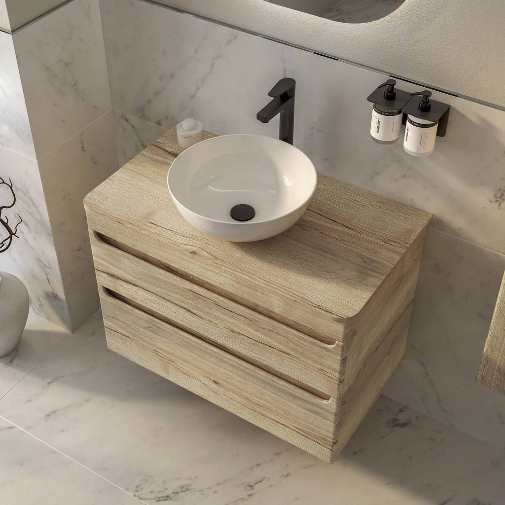 Modern wooden bathroom vanity with a white vessel sink and black fixtures, featuring minimalist design and sleek storage drawers for a contemporary bathroom aesthetic.