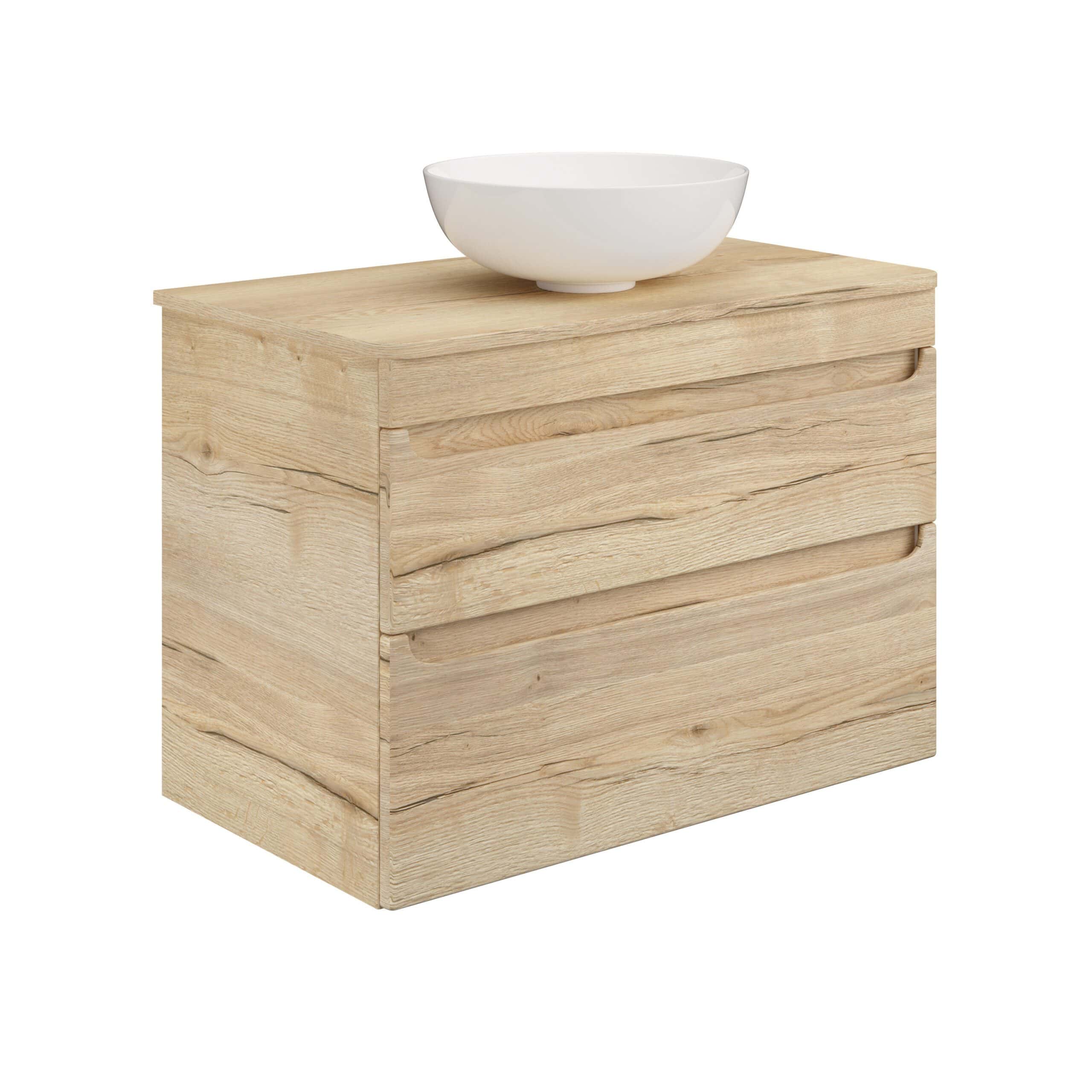 Natural wooden bathroom vanity with built-in storage and a sleek white ceramic vessel sink, ideal for modern bathroom decor. Crafted from durable, eco-friendly timber for a stylish and functional update.