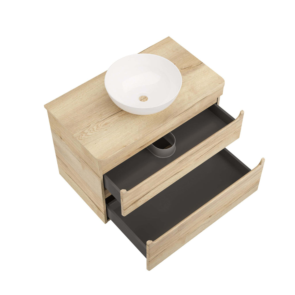Sleek bathroom vanity with natural wood finish, featuring open drawers and a modern white vessel sink, ideal for contemporary bathroom design.