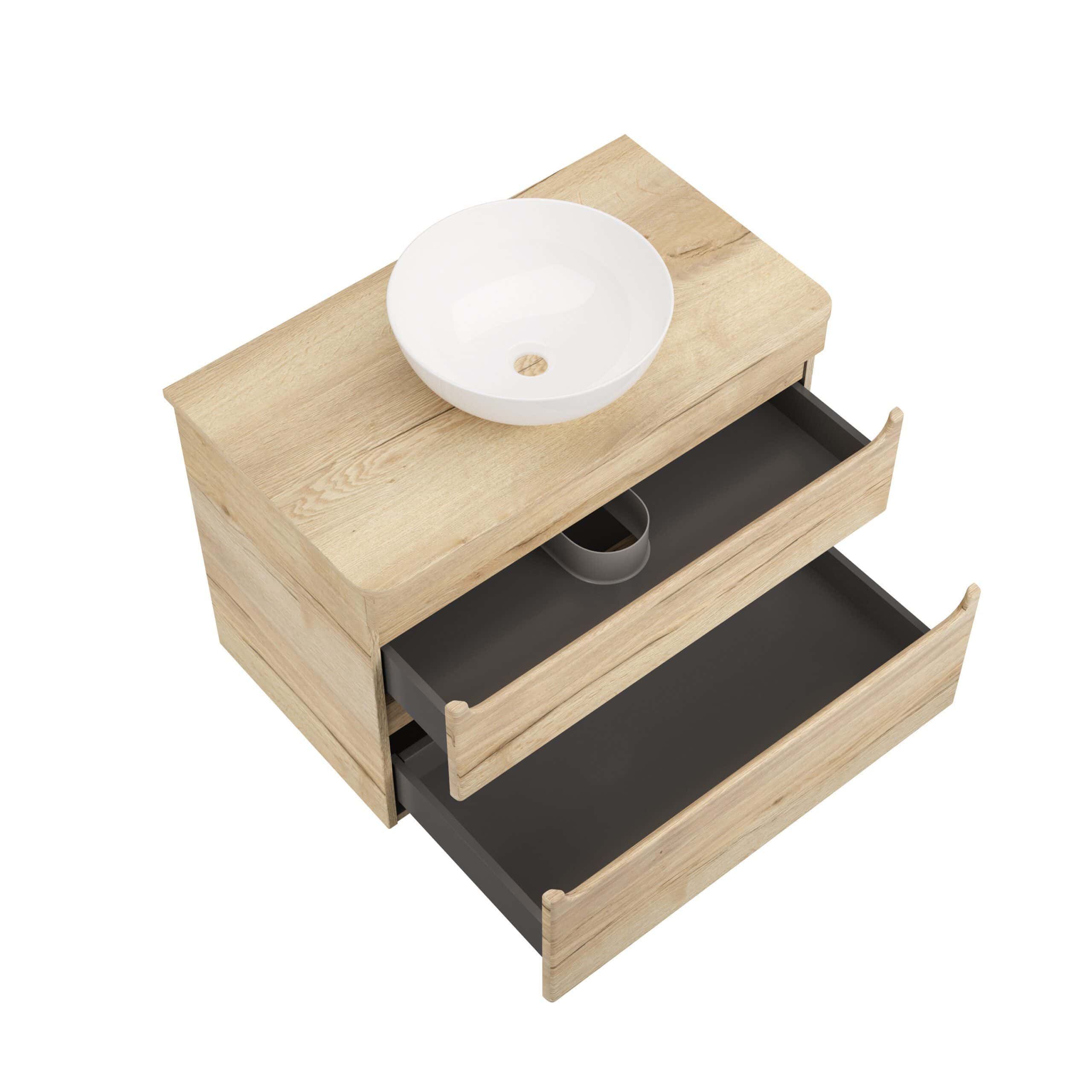 Sleek bathroom vanity with natural wood finish, featuring open drawers and a modern white vessel sink, ideal for contemporary bathroom design.