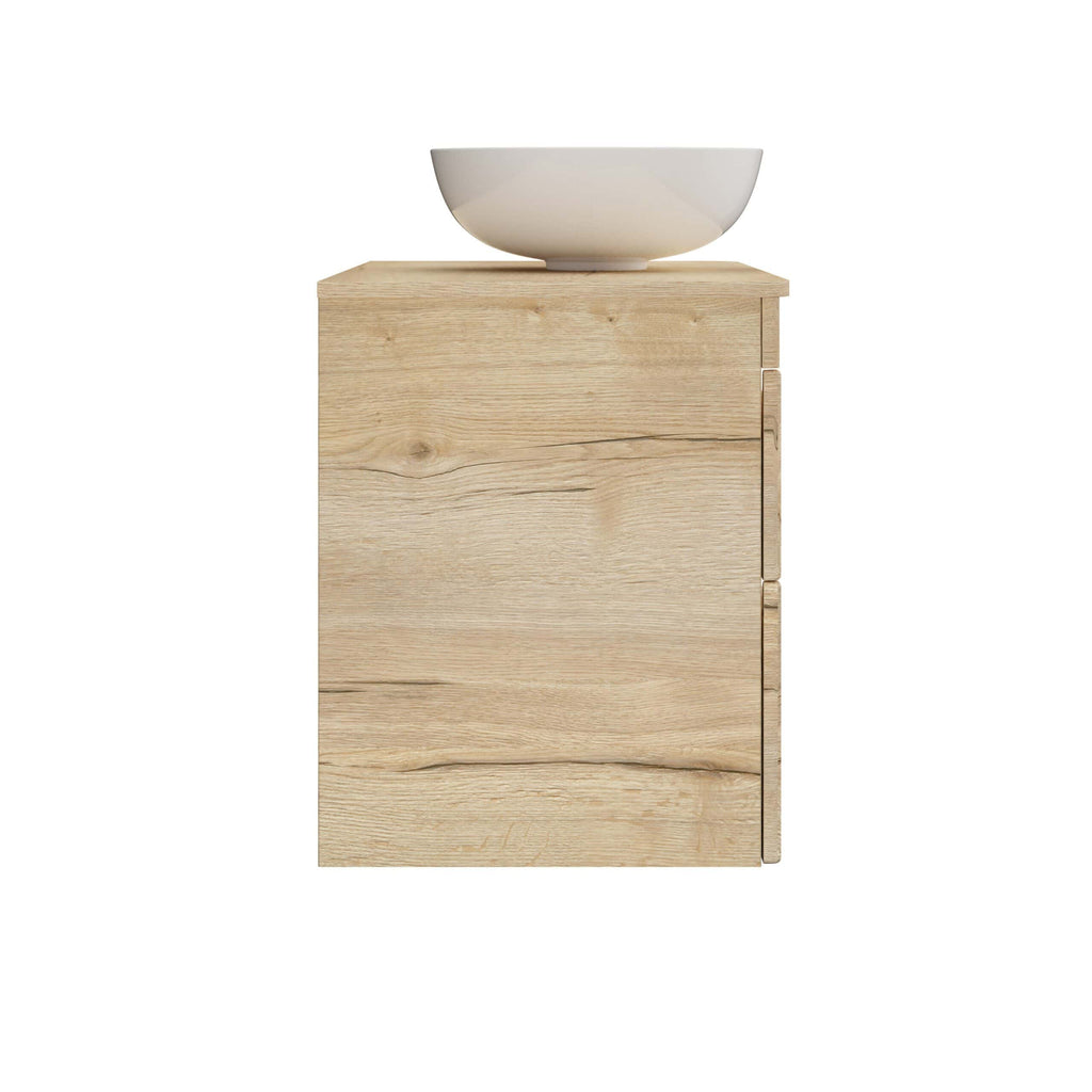 Natural wood bathroom vanity with a white ceramic basin, modern bathroom furniture, minimalist bathroom decor, stylish storage solution, and elegant bathroom design.