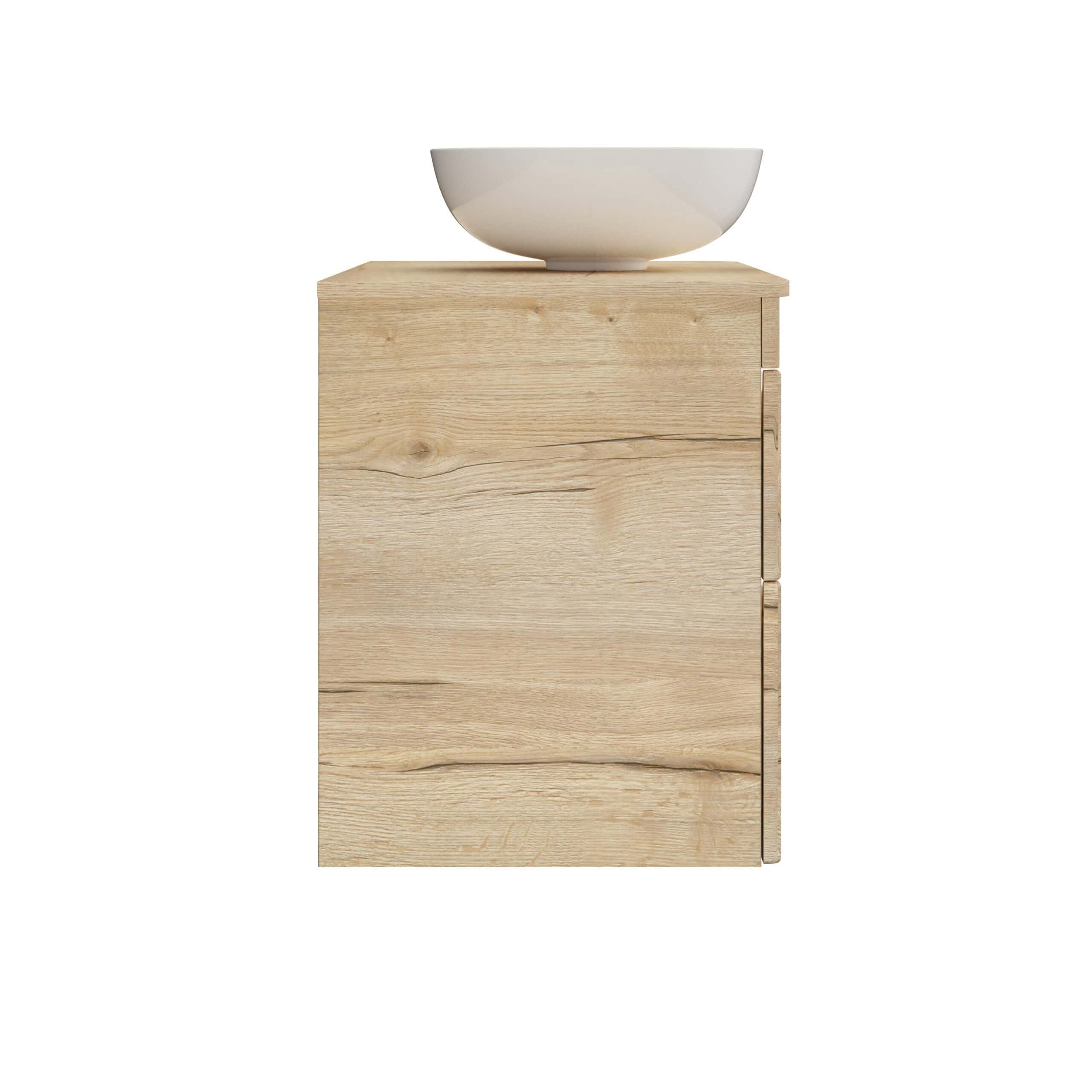 Natural wood bathroom vanity with a white ceramic basin, modern bathroom furniture, minimalist bathroom decor, stylish storage solution, and elegant bathroom design.