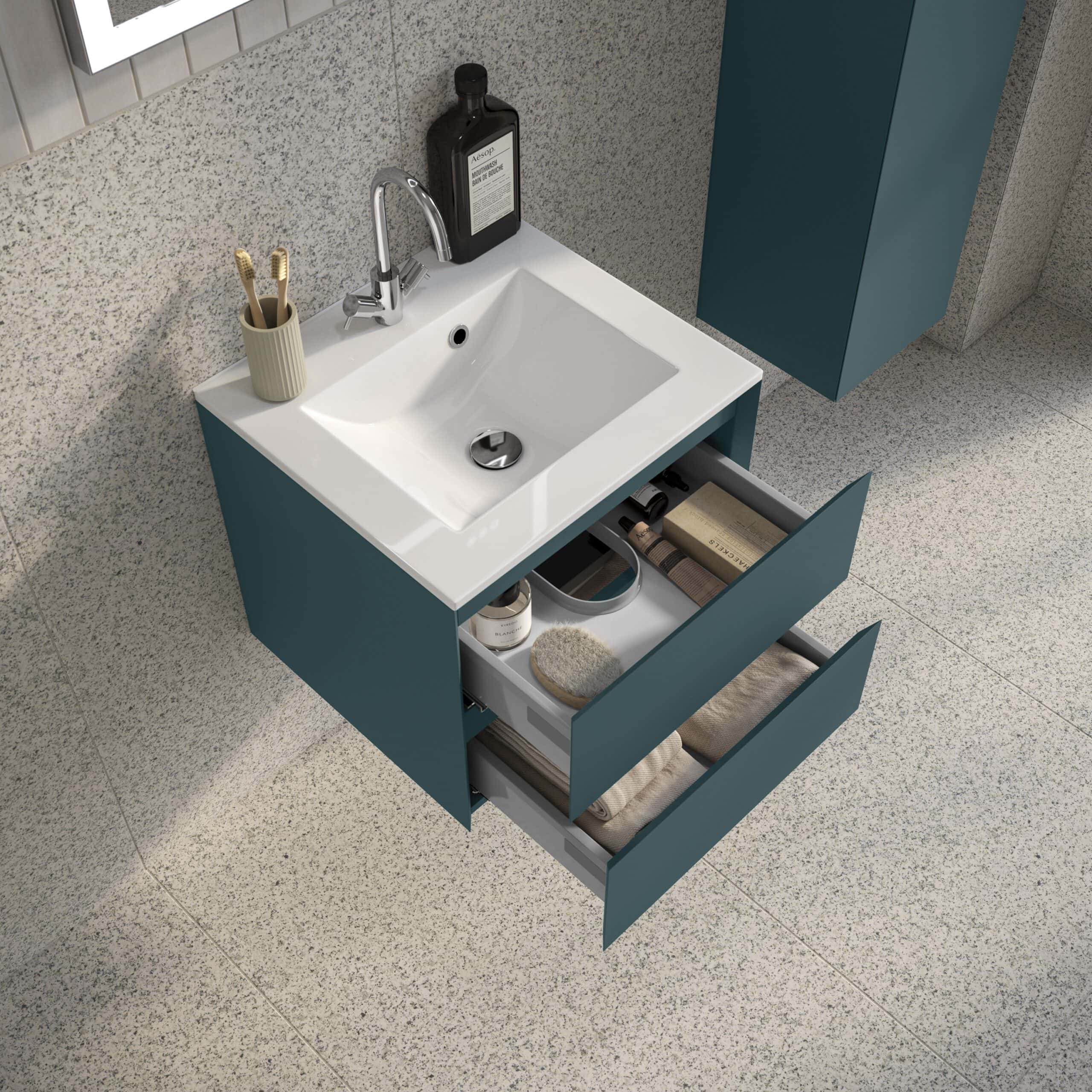 Modern bathroom vanity unit with integrated sink, storage drawers, and stylish teal finish, ideal for contemporary bathroom bathrooms refurbishment or upgrades.