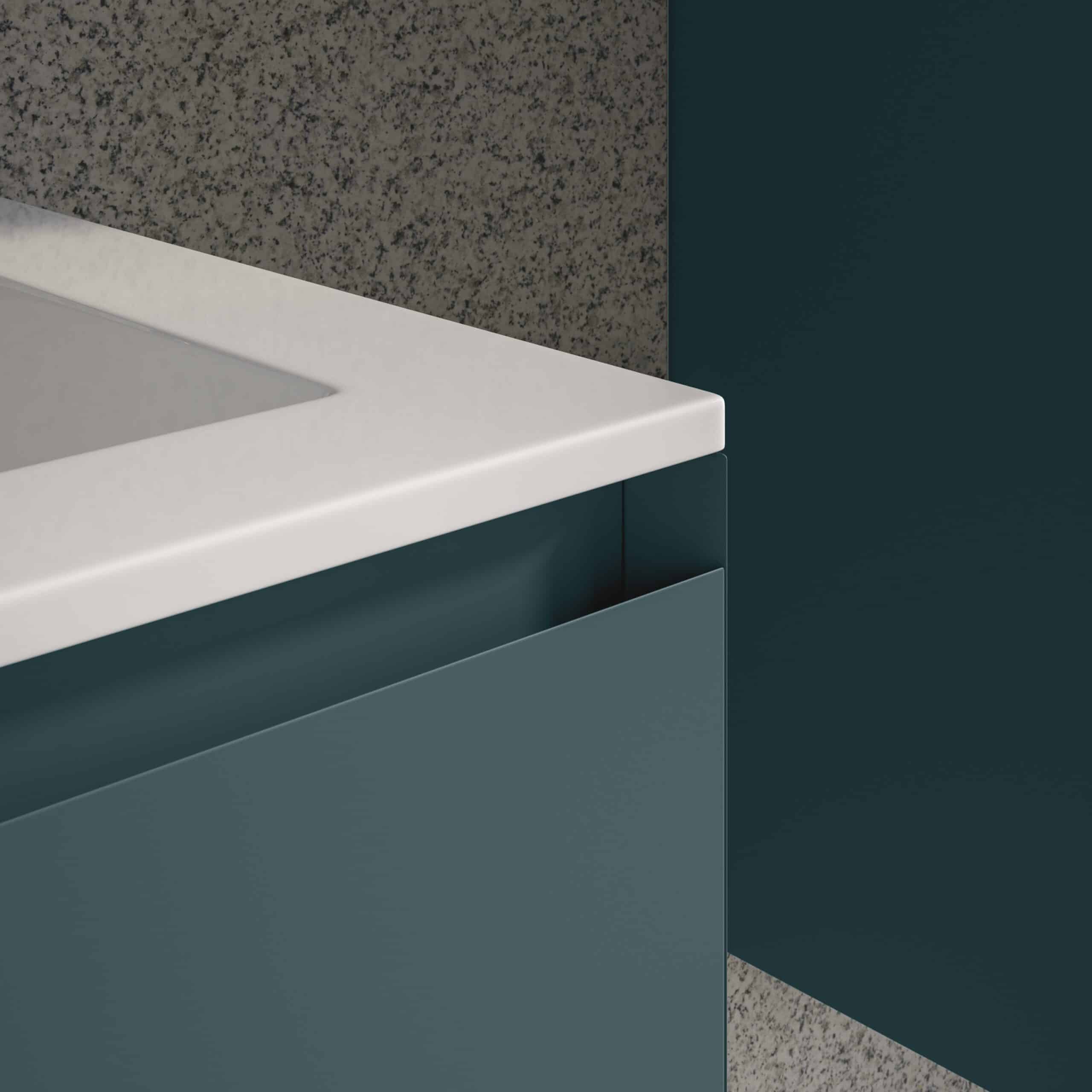 Sleek modern bathroom vanity with navy blue cabinetry and a white marble countertop, designed for contemporary style and optimal bathroom organisation.