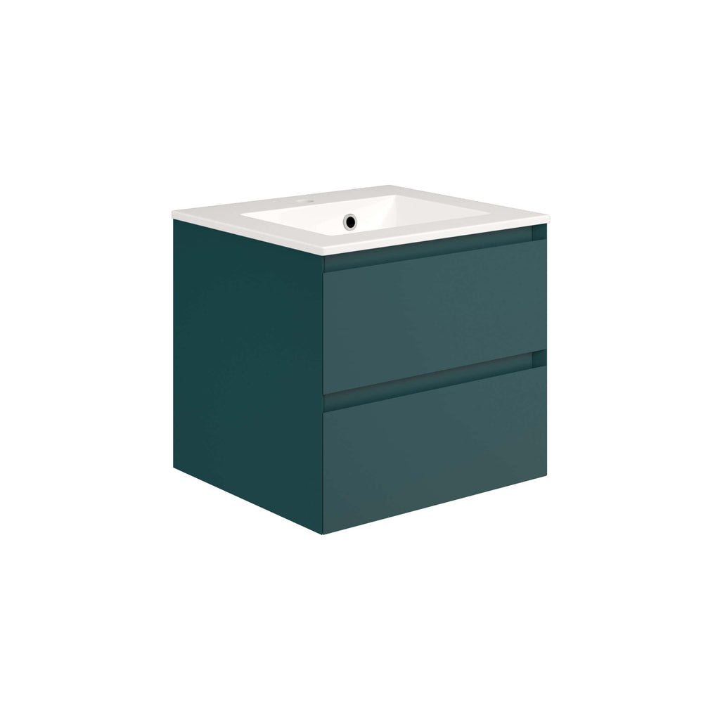 Stylish dark teal bathroom vanity unit with integrated sink, modern and functional design for contemporary bathrooms. Perfect for compact and stylish bathroom storage solutions.