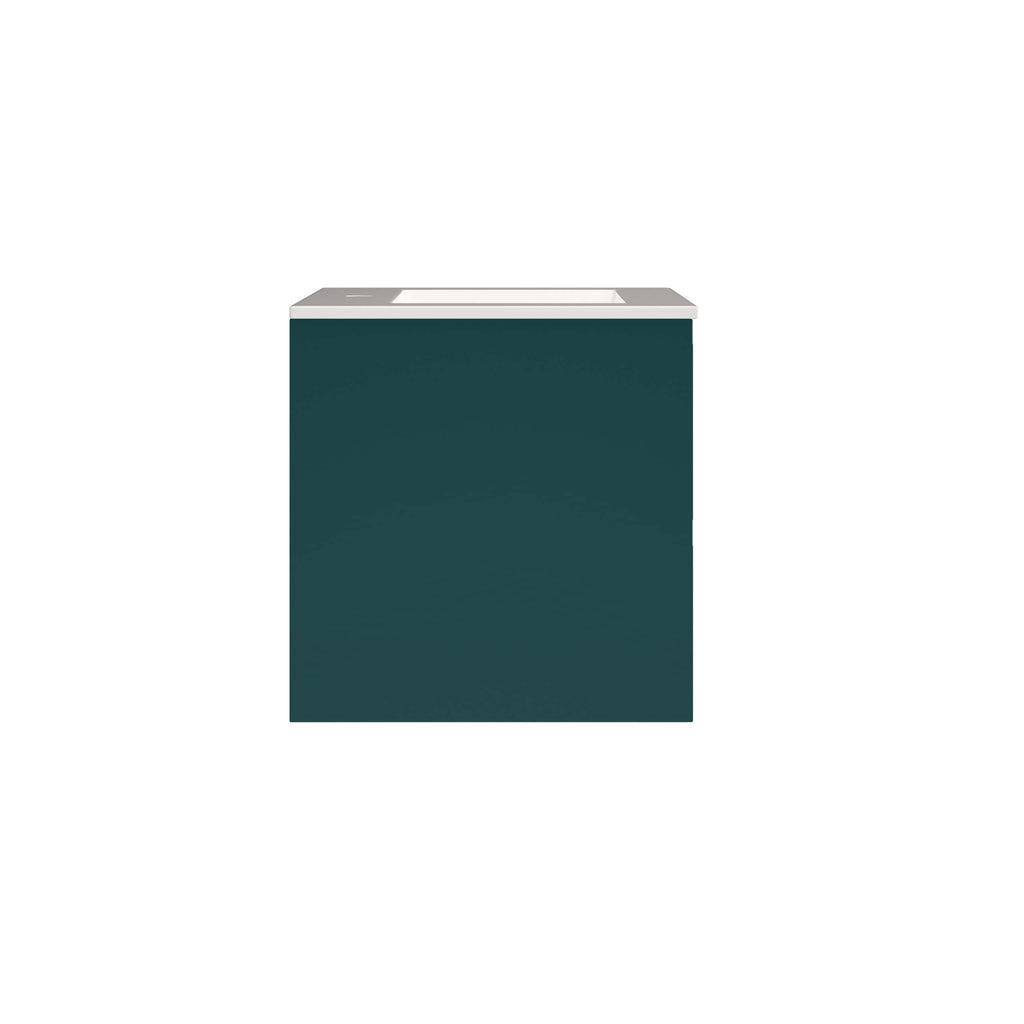 Sleek dark green bathroom vanity unit with a white countertop and integrated sink, perfect for modern bathroom designs. Durable, stylish, and space-saving for contemporary bathroom spaces.