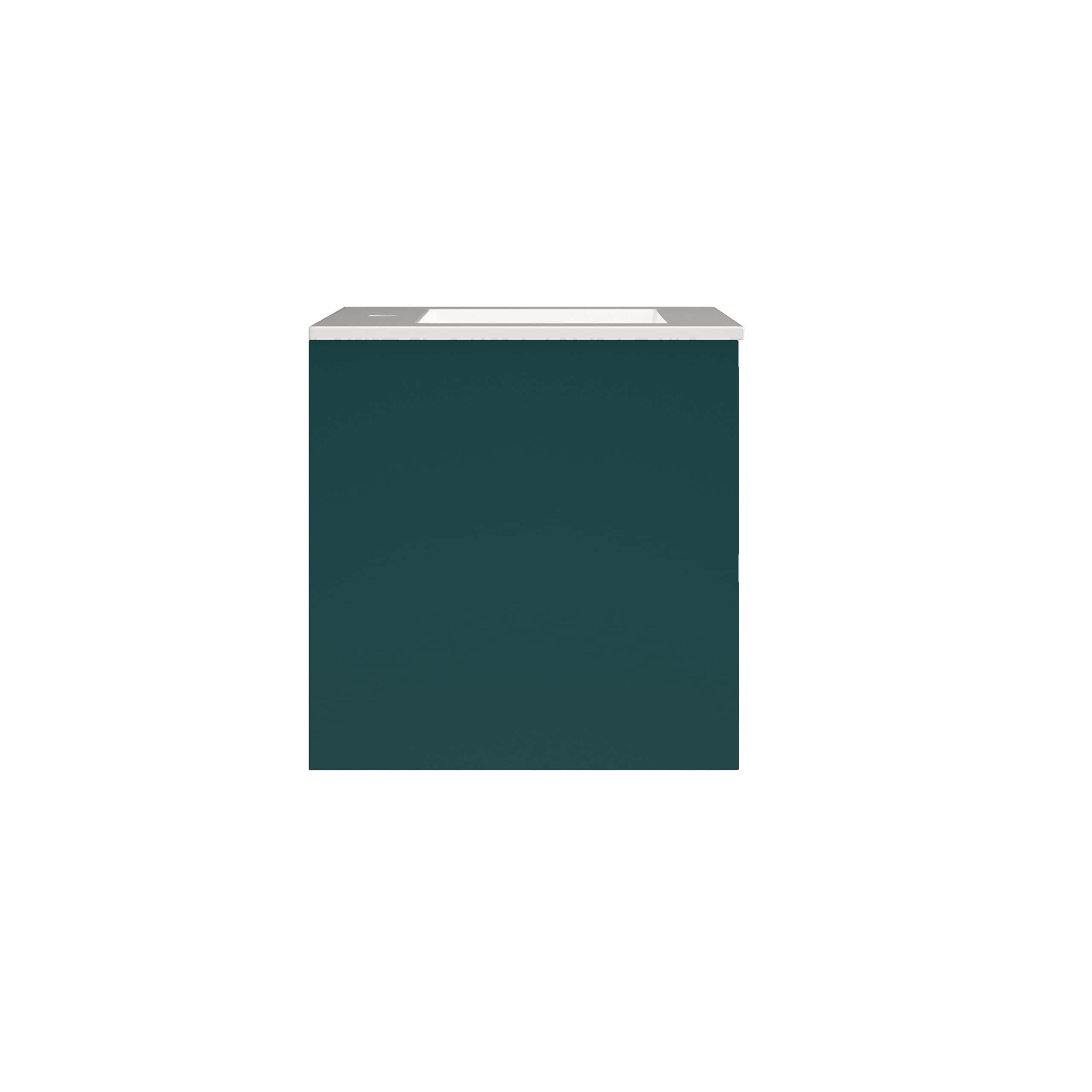 Sleek dark green bathroom vanity unit with a white countertop and integrated sink, perfect for modern bathroom designs. Durable, stylish, and space-saving for contemporary bathroom spaces.