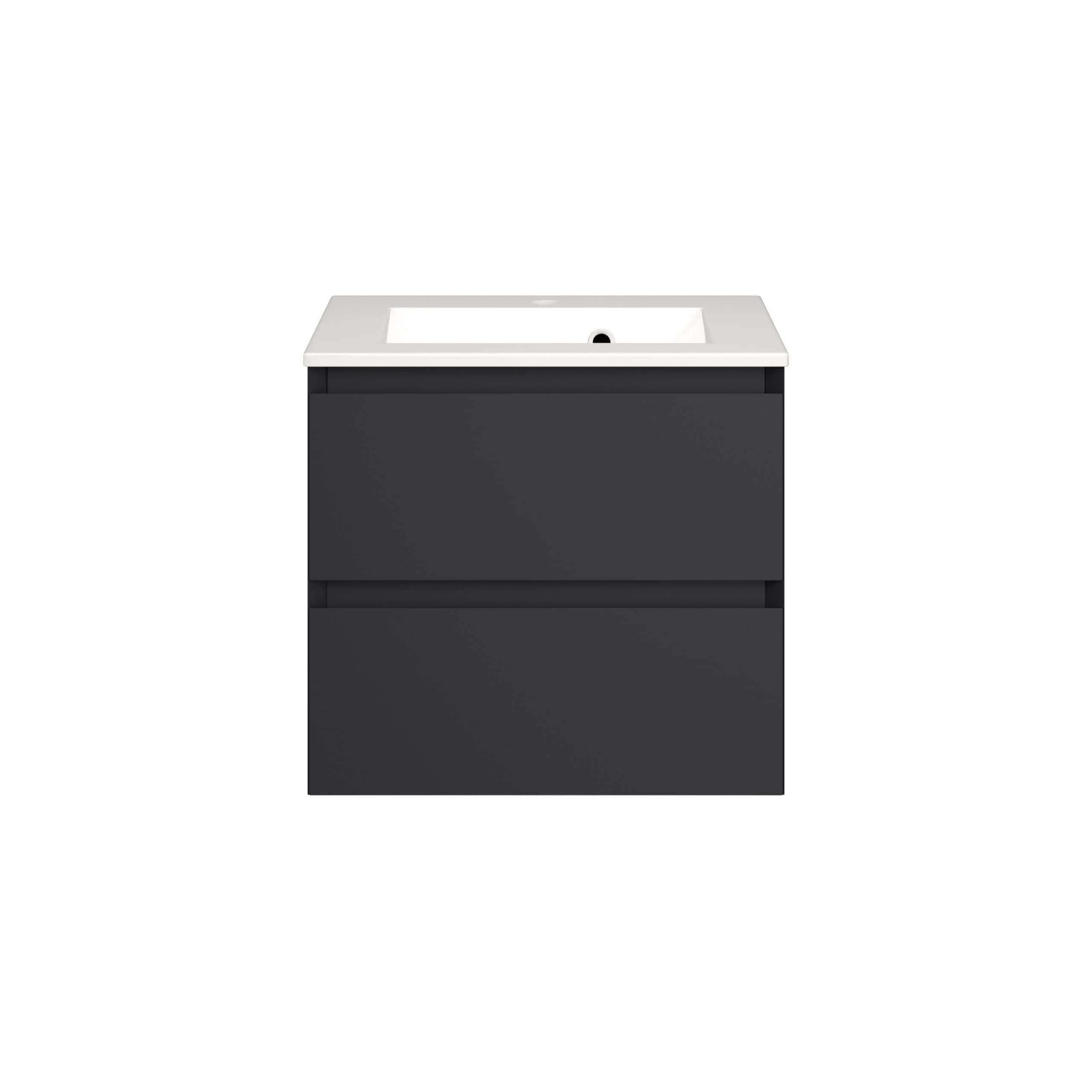 Modern bathroom vanity unit with sink, sleek grey finish, and minimalist design, perfect for contemporary bathrooms. Includes spacious drawers for bathroom storage and a integrated white ceramic sink.