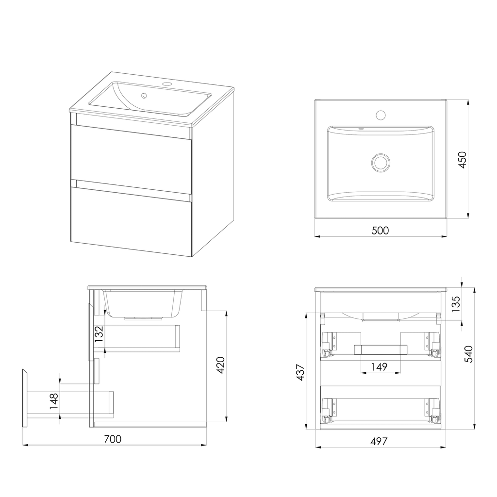Modern bathroom vanity unit with integrated sink, sleek design, and ample storage space, ideal for contemporary bathroom remodels. Includes detailed technical drawings with dimensions for installation.