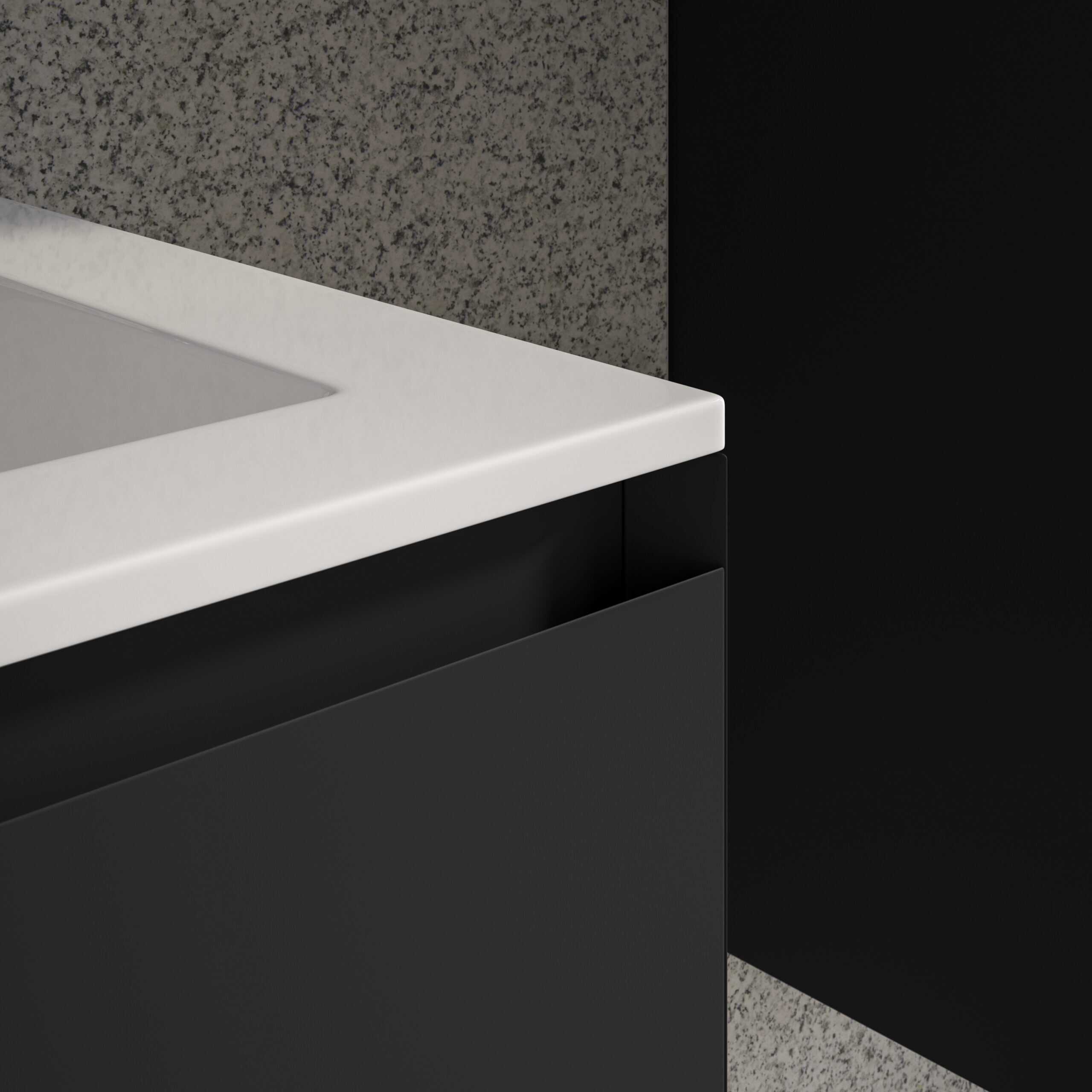 Sleek black bathroom cabinet with a minimalist white countertop and integrated sink, modern design, perfect for contemporary bathroom interiors.