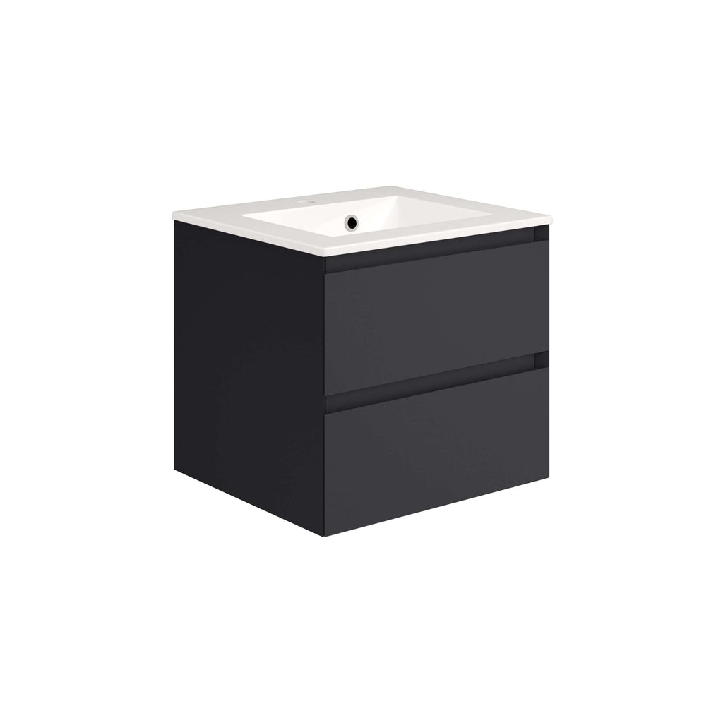 Modern black bathroom vanity unit with integrated white ceramic sink, sleek storage drawers, ideal for contemporary bathroom designs.