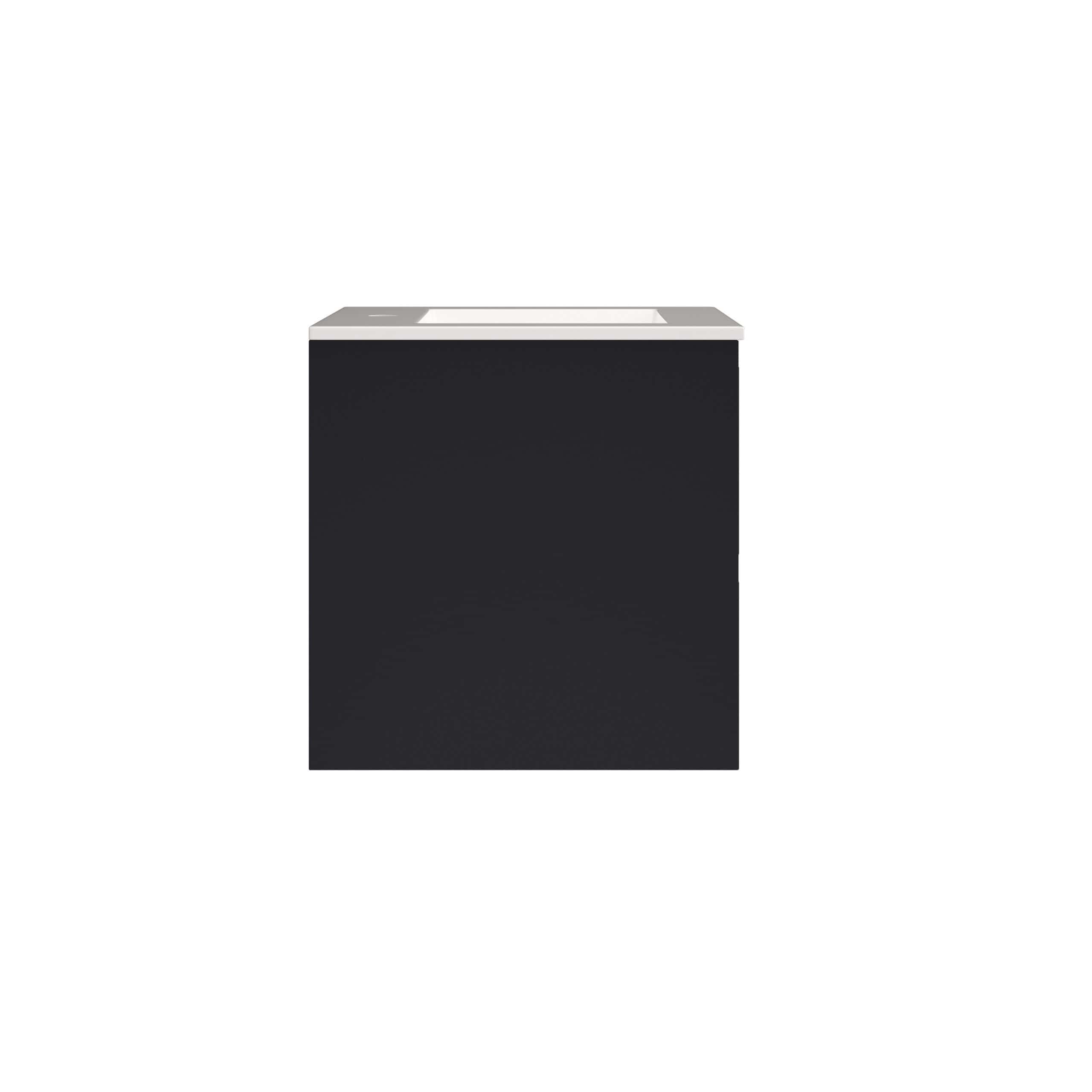 Sleek black bathroom vanity with a modern design and white countertop, perfect for contemporary bathrooms seeking stylish storage solutions.