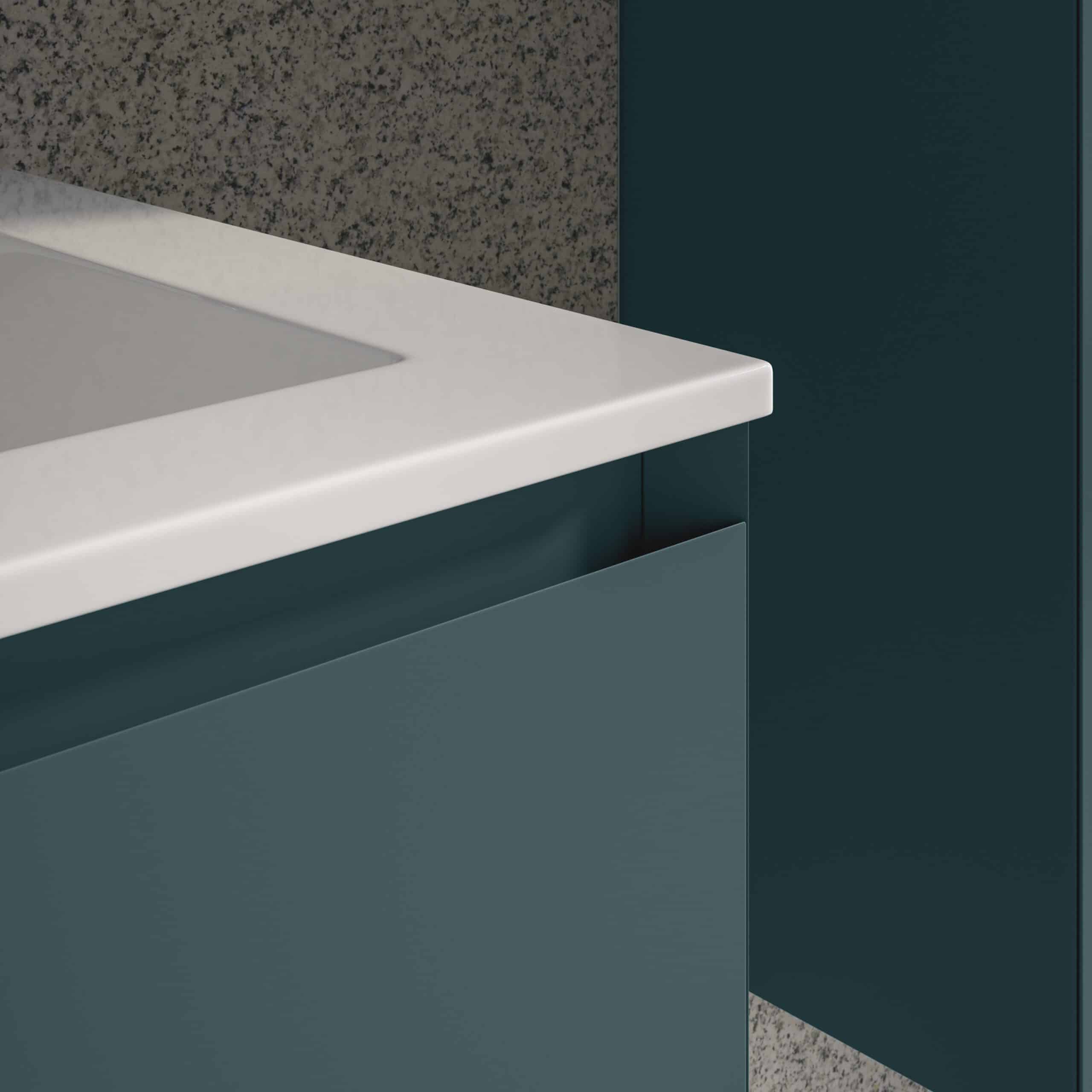 Sleek modern bathroom vanity with dark teal cabinetry and a white countertop, designed for contemporary bathroom interiors.
