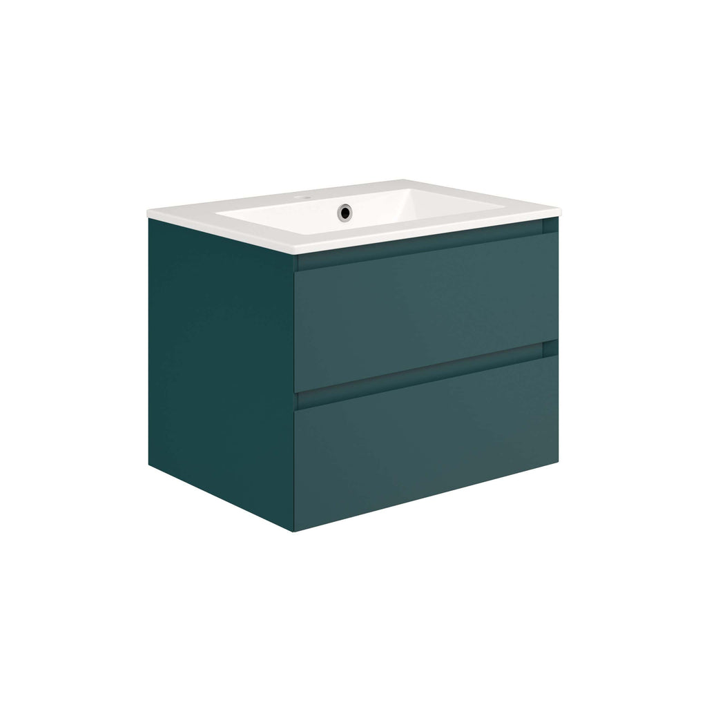 Sleek teal bathroom vanity with integrated white ceramic sink, modern design, and two spacious drawers for storage, ideal for contemporary bathroom decor.