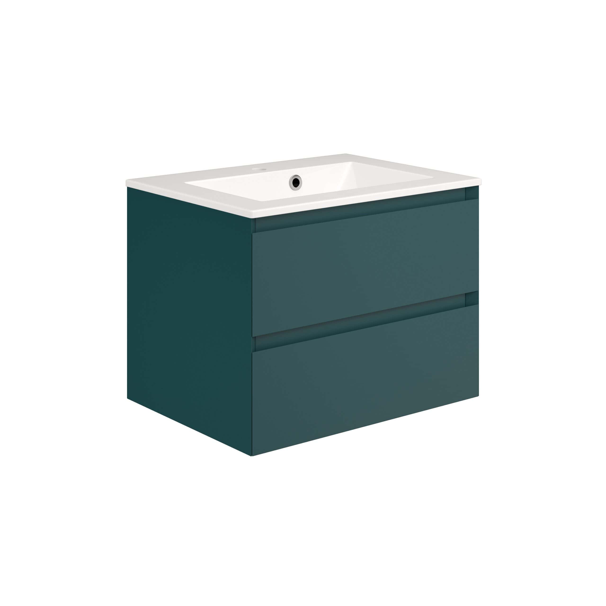 Sleek teal bathroom vanity with integrated white ceramic sink, modern design, and two spacious drawers for storage, ideal for contemporary bathroom decor.