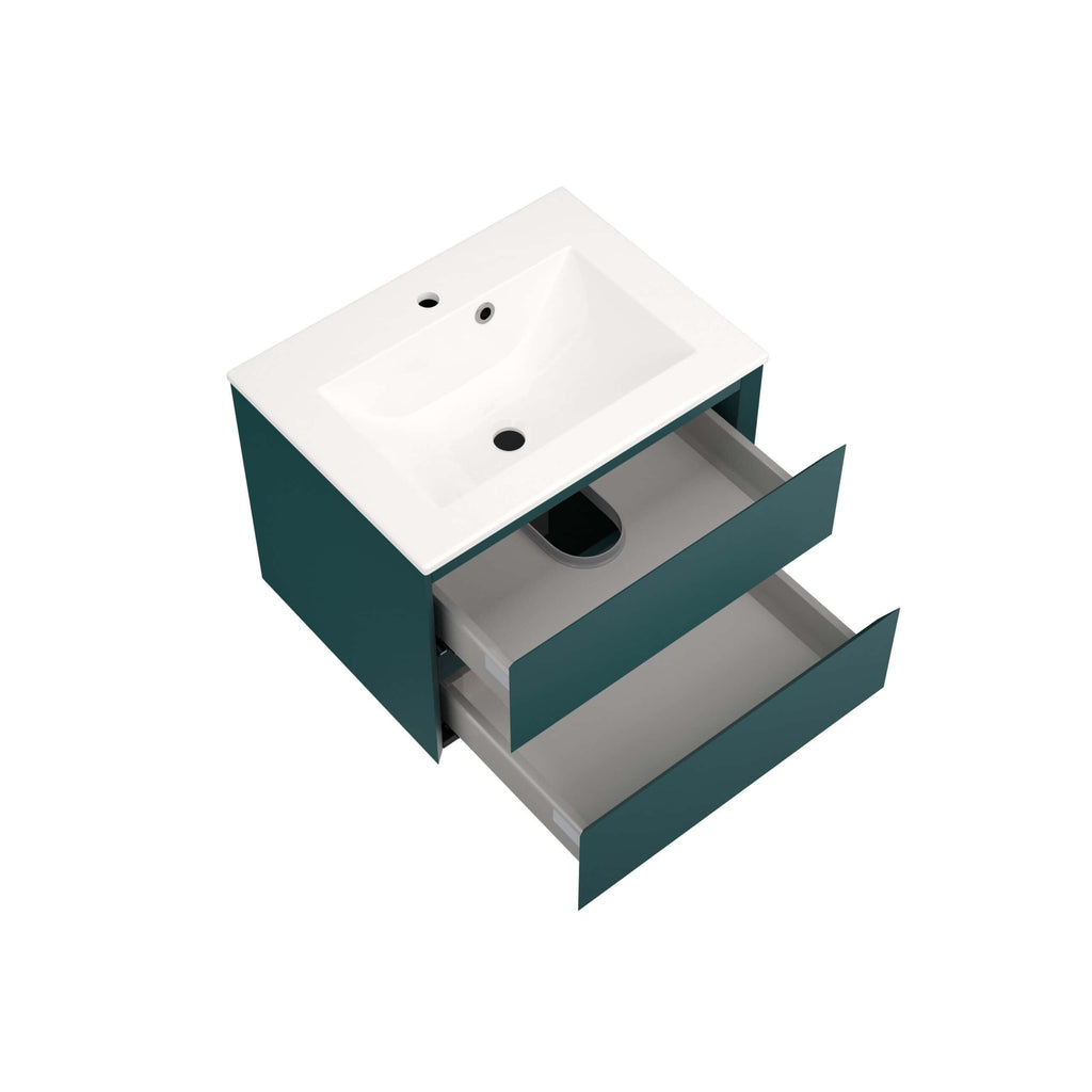 Modern bathroom vanity unit with integrated ceramic sink, two spacious drawers, and sleek design, perfect for contemporary bathrooms.