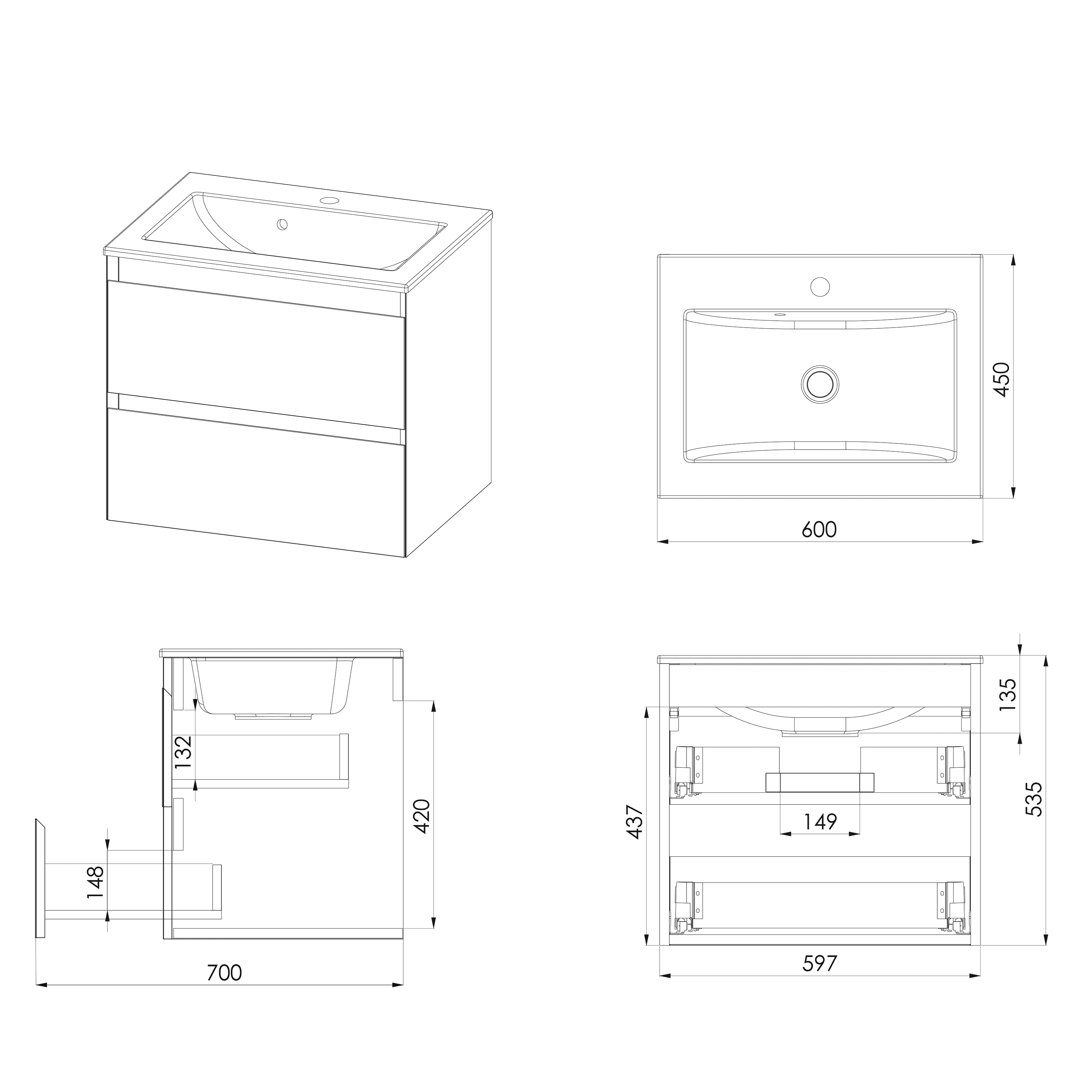 Elegant bathroom vanity with integrated sink, modern storage drawers, and precise dimensions for bathroom renovation or installation projects.