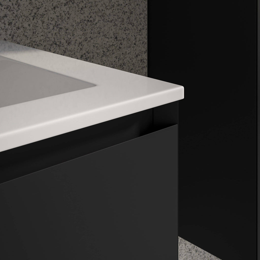 Sleek black and white bathroom vanity with modern design, featuring a white countertop and black cabinetry, ideal for contemporary bathroom remodels and stylish storage solutions.