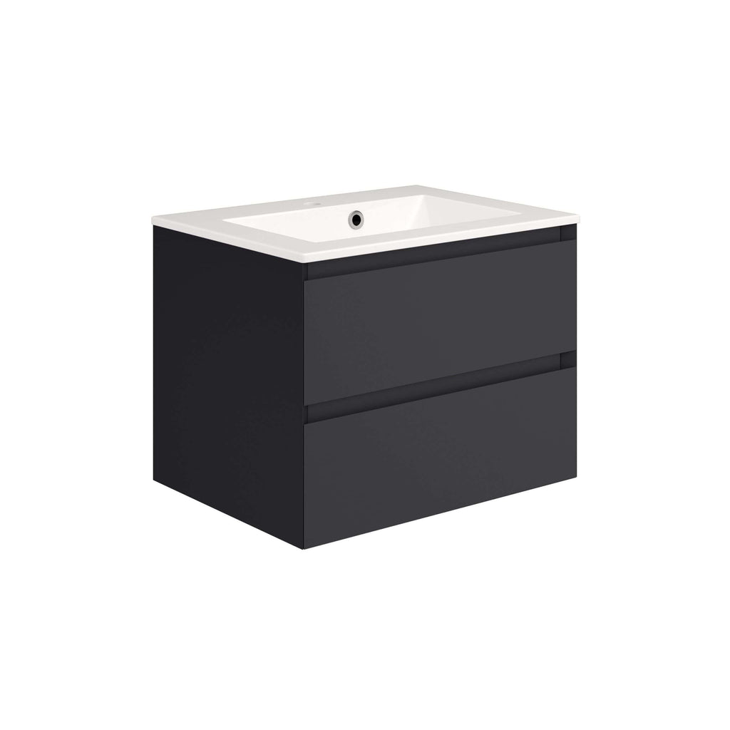 Modern black bathroom vanity unit with integrated sink, sleek storage drawers, perfect for contemporary bathroom interior design.