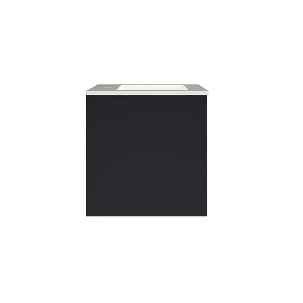 Stylish black bathroom vanity with a modern white countertop, designed for elegant bathroom storage and aesthetics. Perfect for contemporary bathroom interior design.