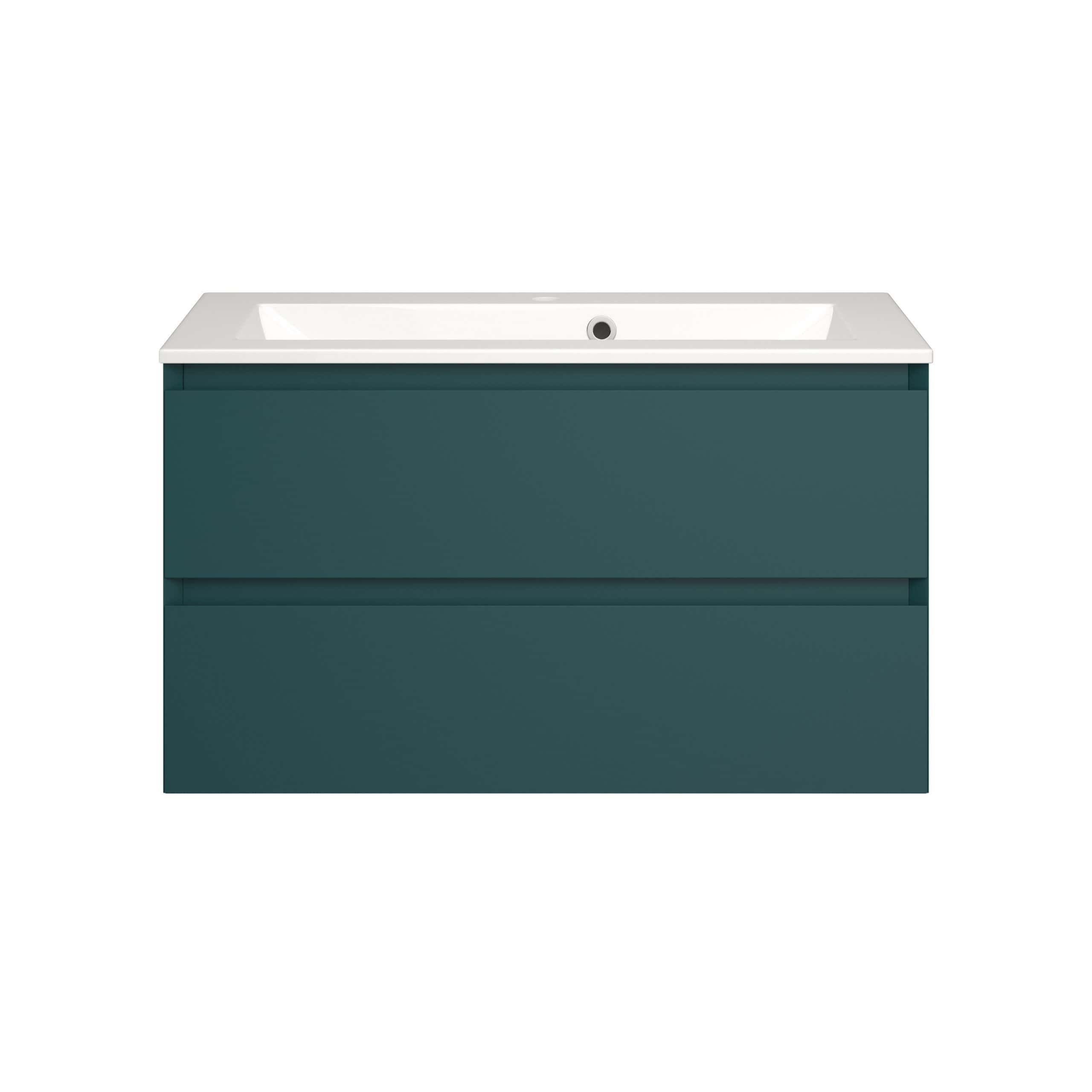 Sleek modern bathroom vanity with integrated sink, dark teal finish, and two spacious drawers for efficient storage; ideal for contemporary bathroom remodels.