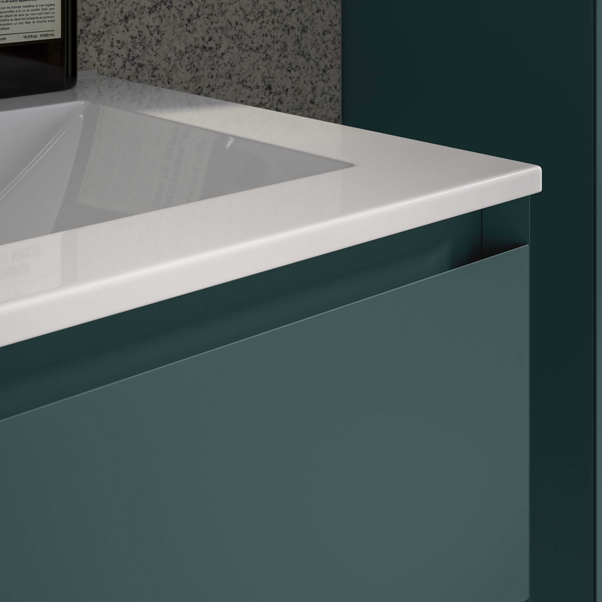 Contemporary bathroom vanity with sleek dark teal cabinetry and a modern white countertop, perfect for stylish and functional bathroom storage solutions.