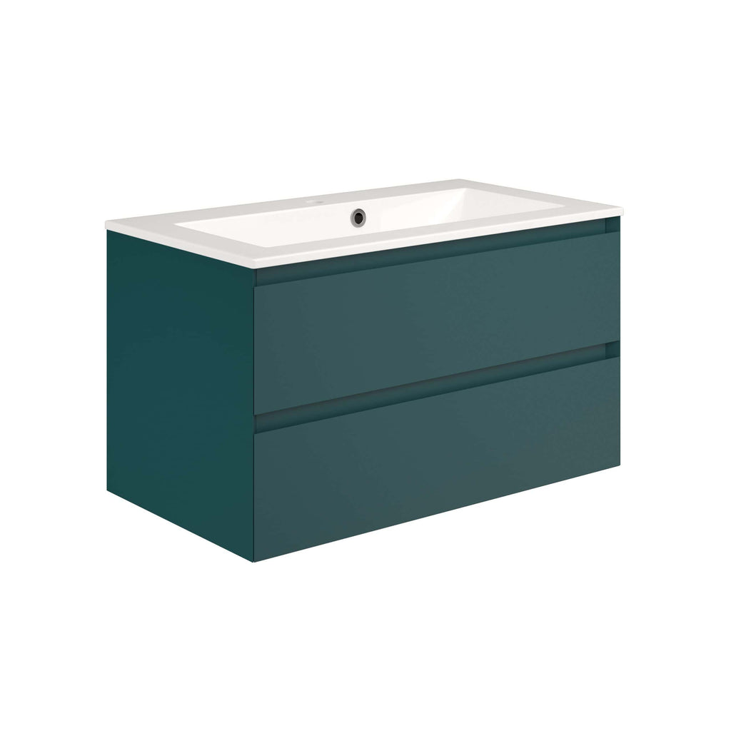 Sleek teal bathroom vanity with integrated sink and modern minimalist design, ideal for contemporary bathrooms. Features two spacious drawers for ample storage, perfect for stylish organisation.