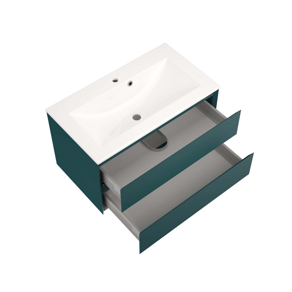 Modern bathroom vanity unit with integrated sink and open drawers, showcasing contemporary bathroom furniture design for stylish bathroom storage solutions.