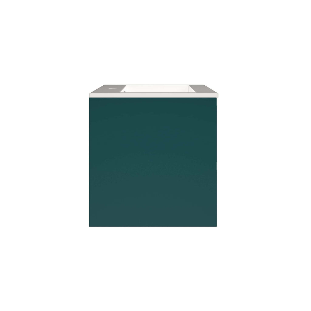 Sustainable bathroom vanity with deep green cabinetry and white stone countertop, modern design, ideal for contemporary bathrooms.