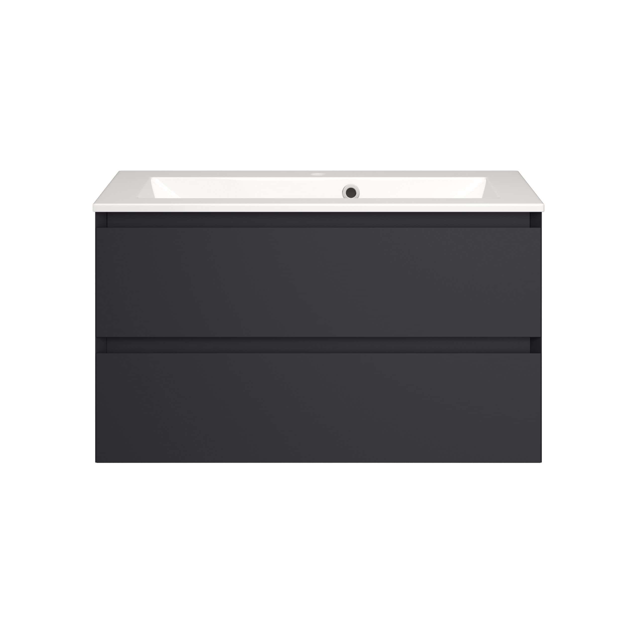 Sleek modern bathroom vanity unit with integrated basin, dark matte finish, minimalistic design, ideal for contemporary bathrooms, high-quality storage solution, durable and stylish.