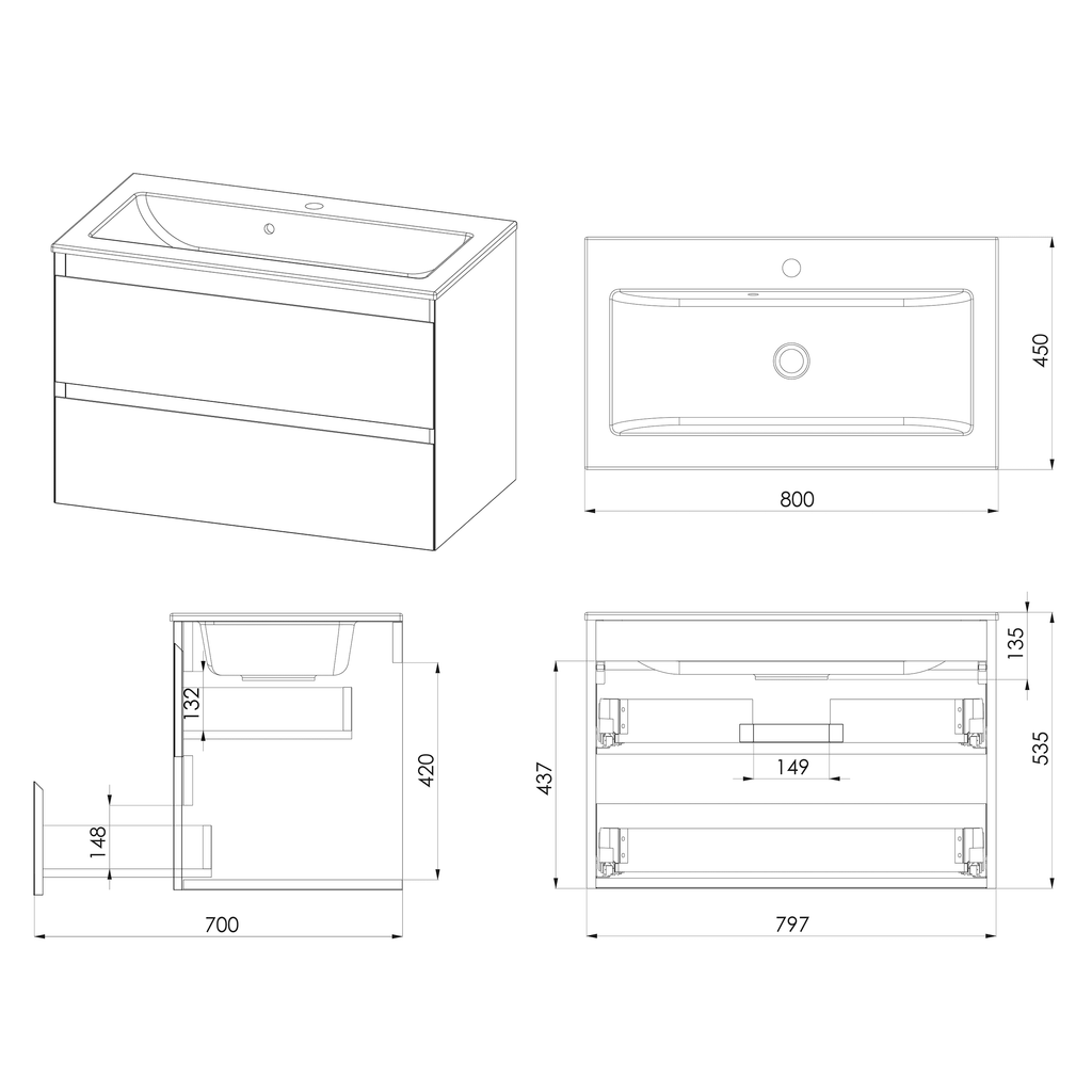 Modern bathroom vanity unit with integrated sink, sleek storage drawers, and precise dimensions, perfect for contemporary bathrooms and efficient space utilisation.