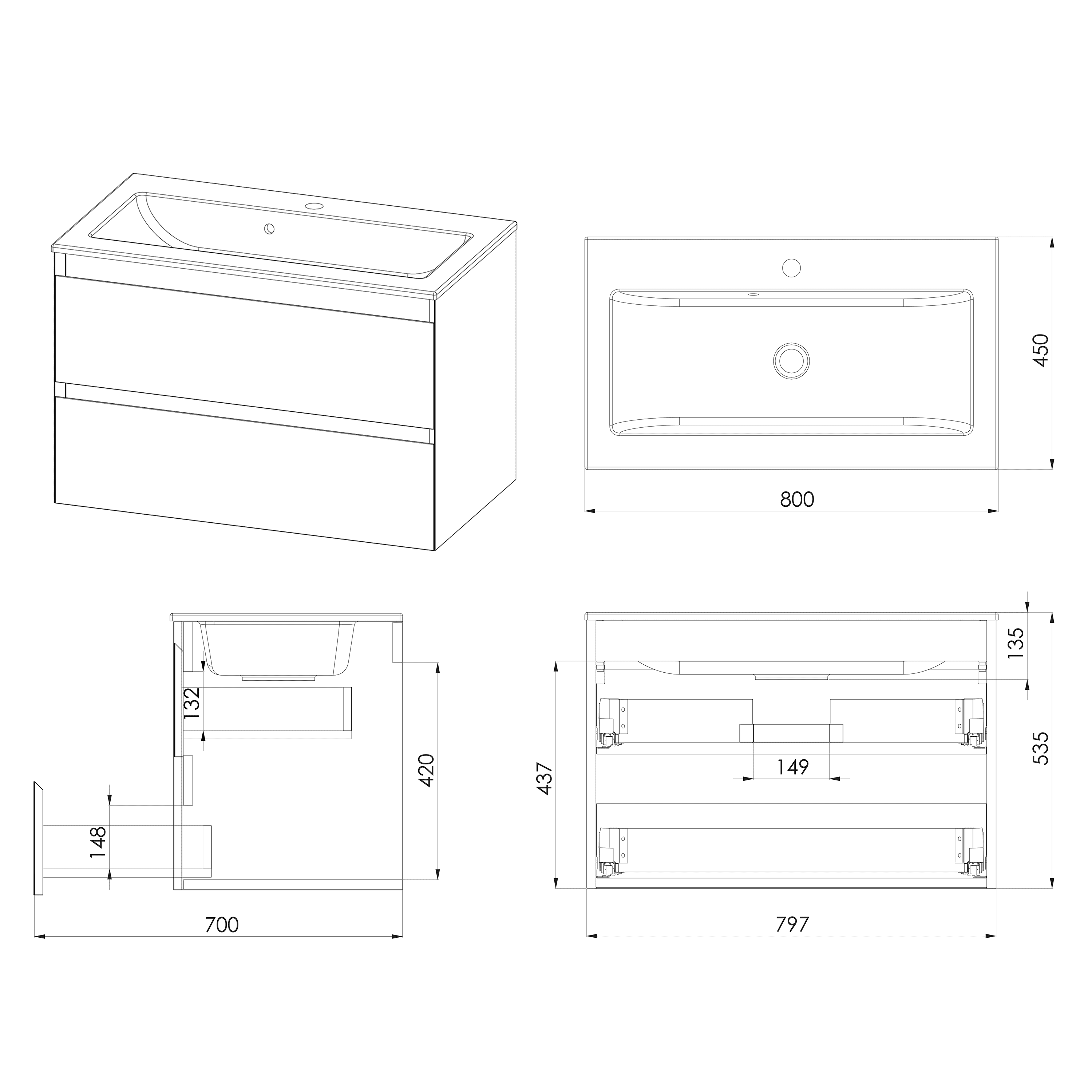 Modern bathroom vanity unit with integrated sink, sleek storage drawers, and precise dimensions, perfect for contemporary bathrooms and efficient space utilisation.