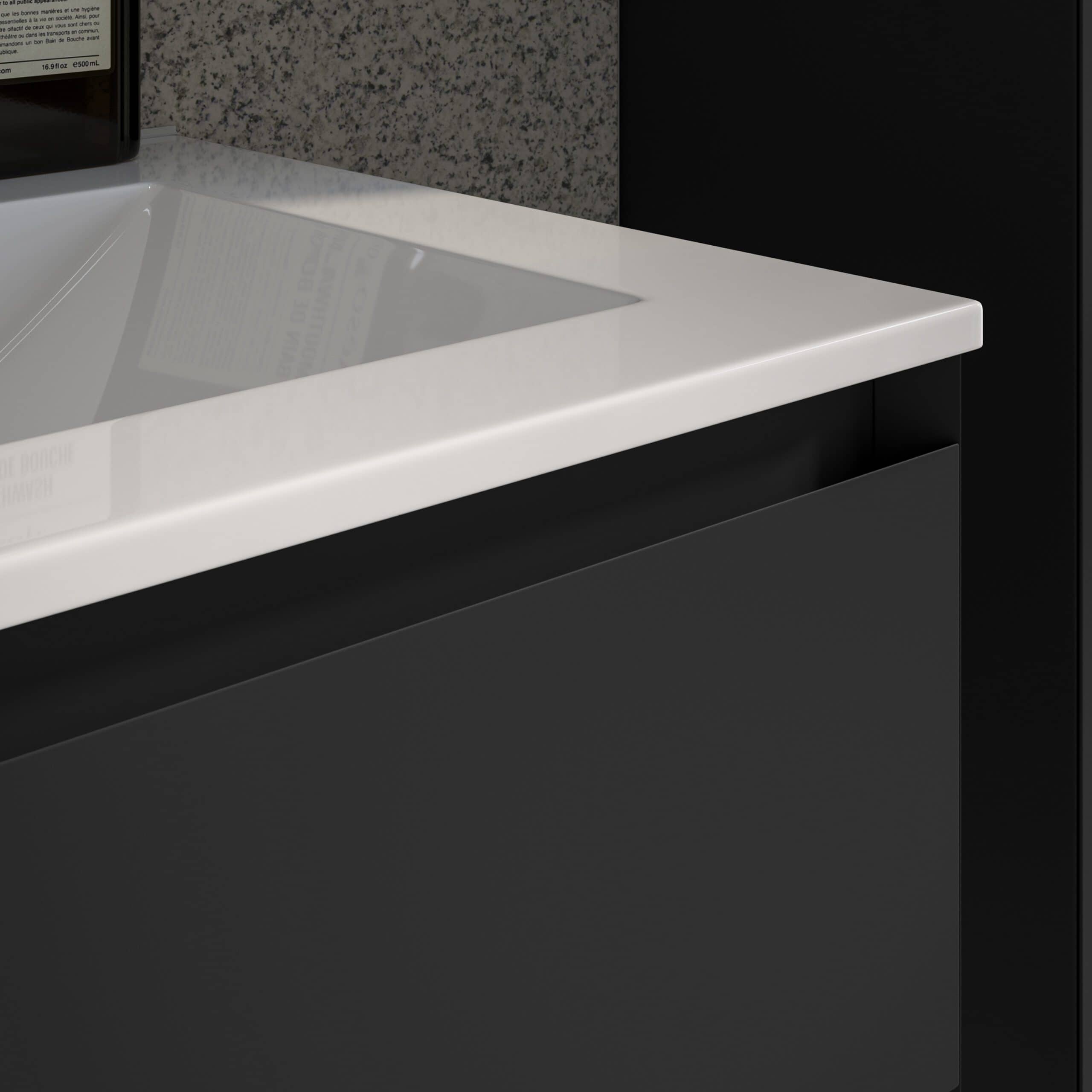 Sleek white bathroom vanity with black cabinetry, modern design, smooth surface, minimalist style, high-quality materials, contemporary bathroom furniture, elegant storage solution, clean lines, bathroom decor, functional and stylish.