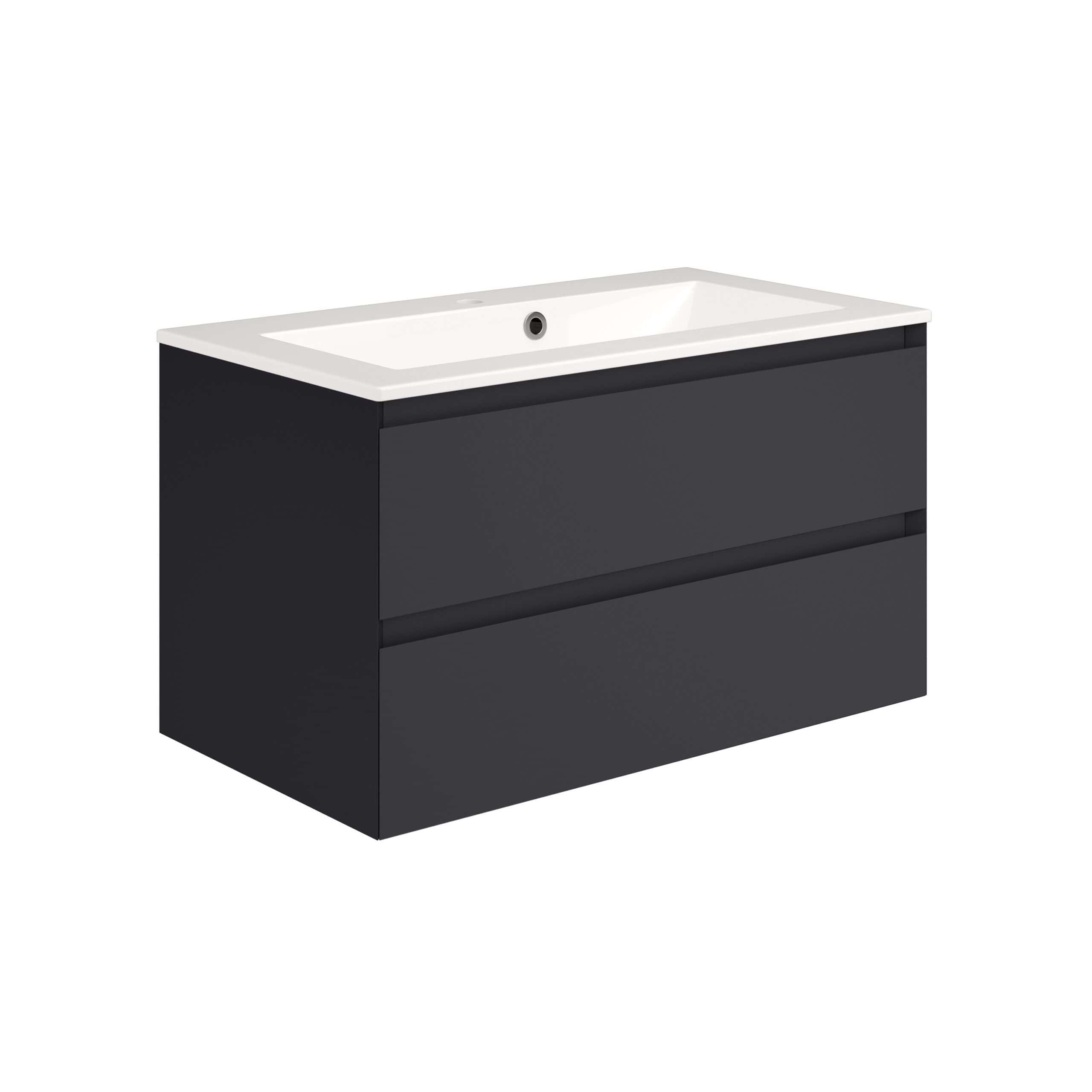 Sleek black bathroom vanity with integrated white ceramic sink, modern design, and two spacious drawers for storage, perfect for contemporary home bathrooms.