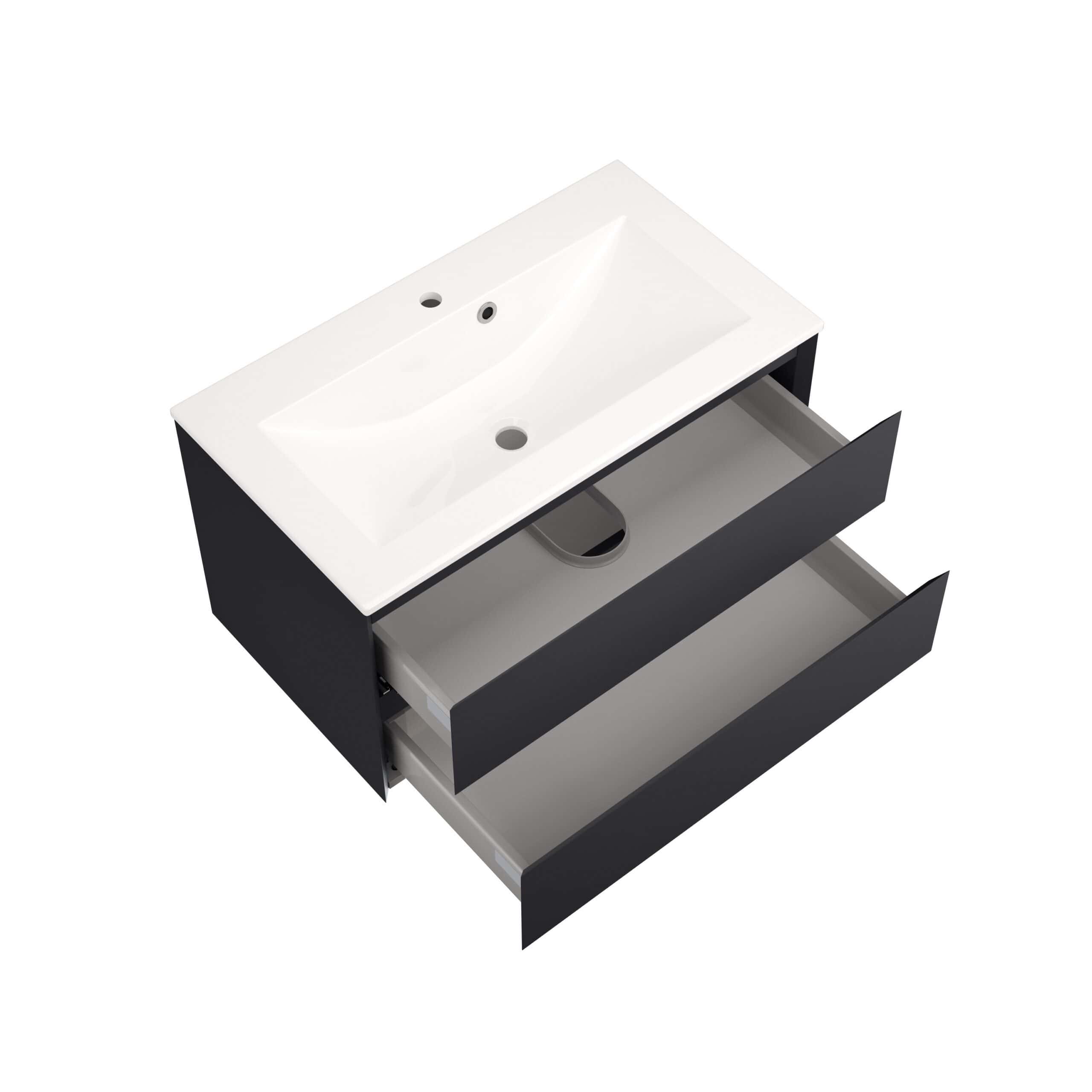 Modern bathroom vanity with integrated sink and open storage drawers, perfect for contemporary Bubly bathrooms. Stylish black and grey cabinet with sleek design.