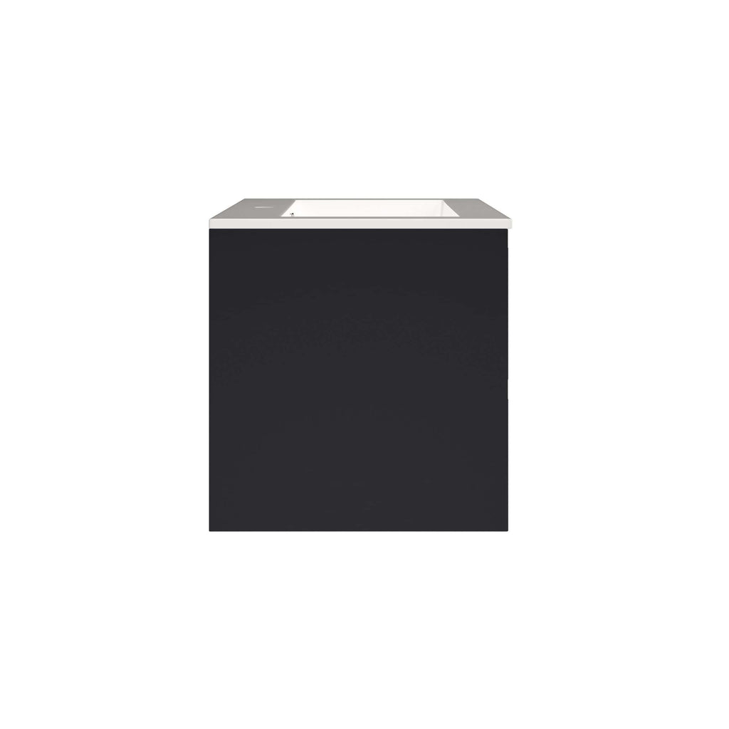 Sleek black bathroom vanity with integrated sink, modern design, perfect for contemporary bathrooms, durable materials, and stylish finish for functional and aesthetic appeal.