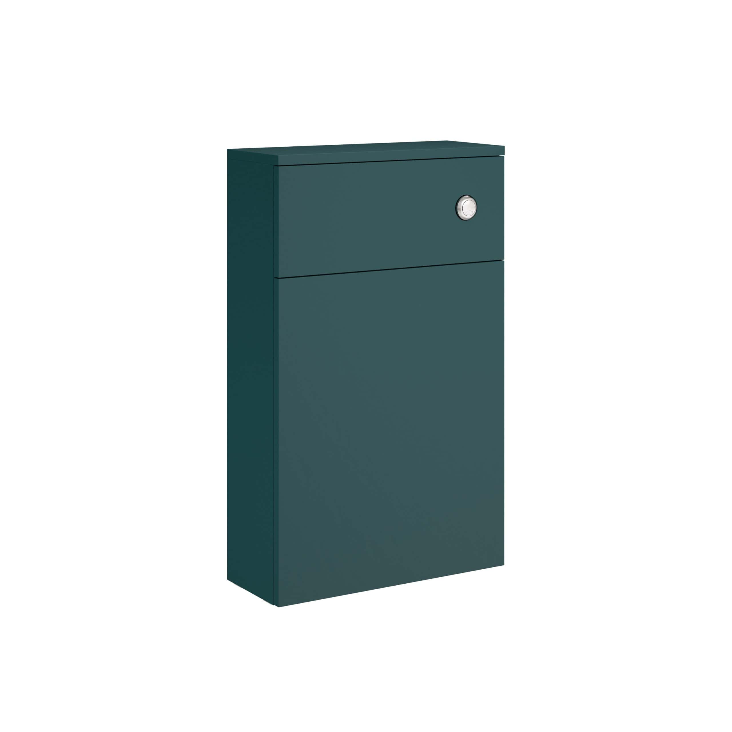 Contemporary blue bathroom storage cabinet with a sleek design and a round silver handle, ideal for modern bathroom organisation and storage solutions.