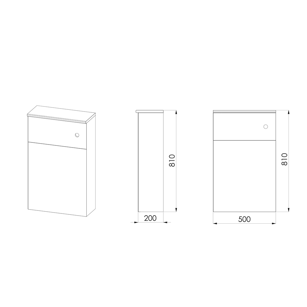 Contemporary bathroom cabinet with sleek design, 810mm high, 200mm deep, and 500mm wide, perfect for modern bathrooms and storage solutions.