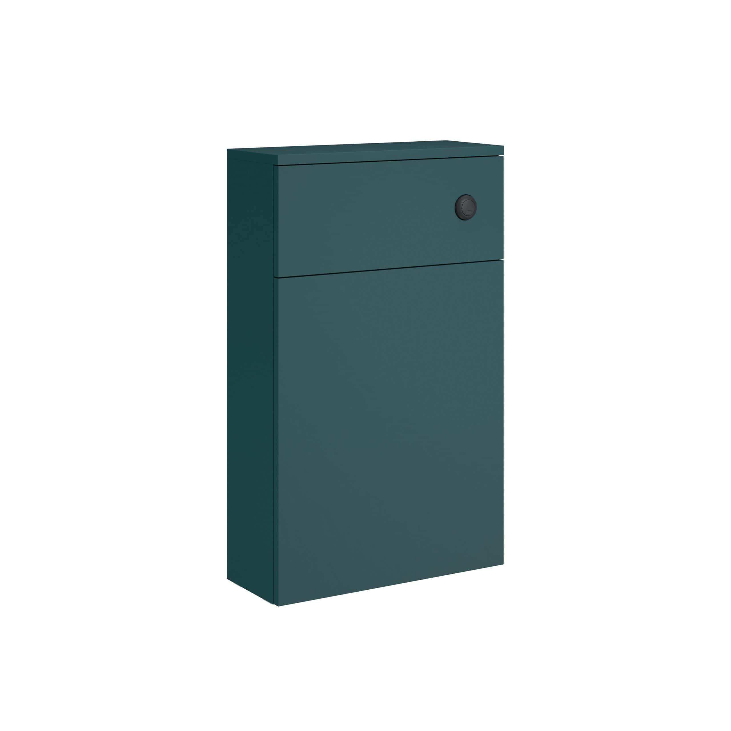 Sleek dark green bathroom cabinet with a push-to-open drawer and minimalist design, ideal for modern bathroom storage solutions. Perfect for organisation and space efficiency in contemporary bathrooms.