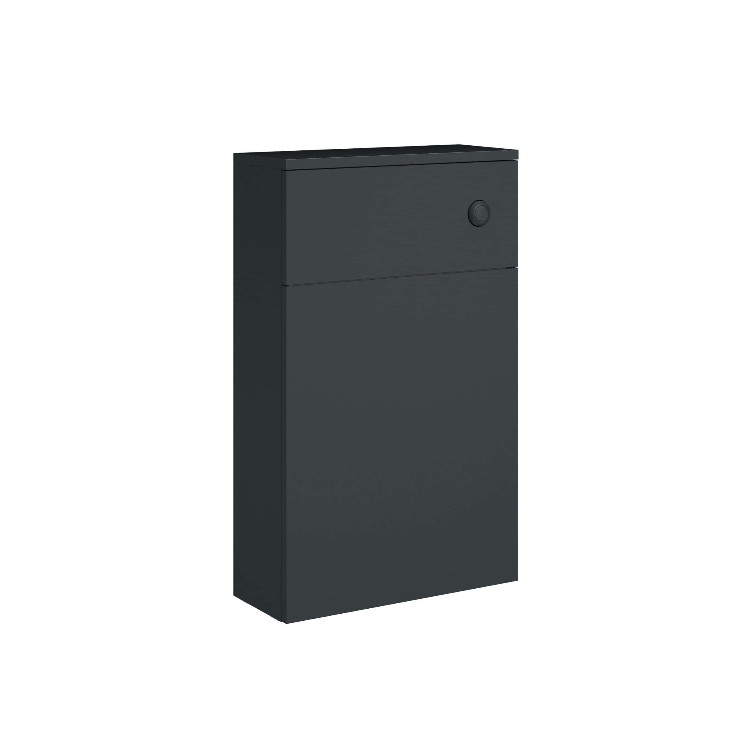 Sleek black bathroom cabinet with modern design, ideal for storage and organisation in contemporary bathrooms. Perfect for housing toiletries and cleaning supplies.