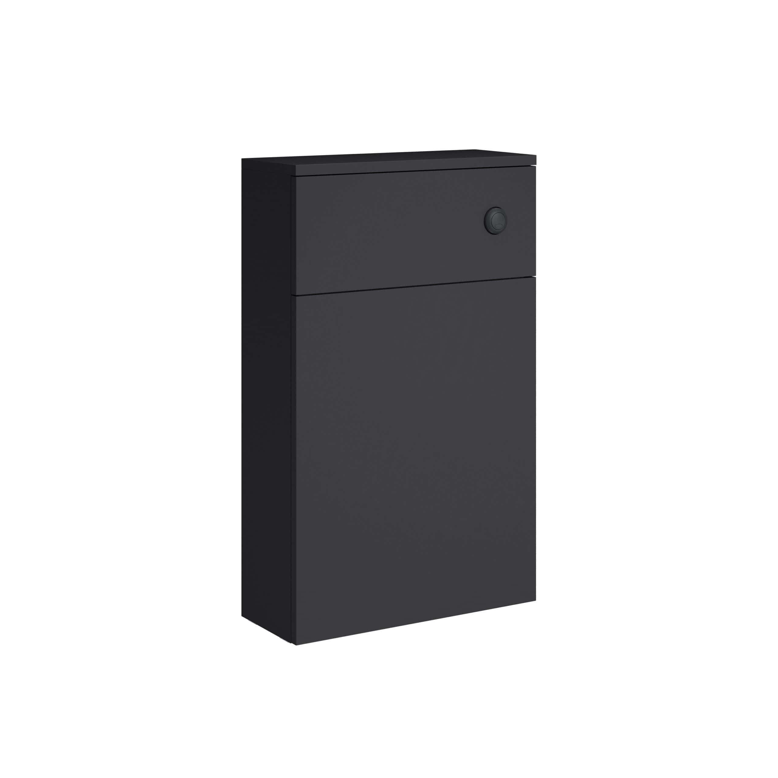02. sleek black bathroom storage cabinet with a modern minimalist design and a round handle for easy access.