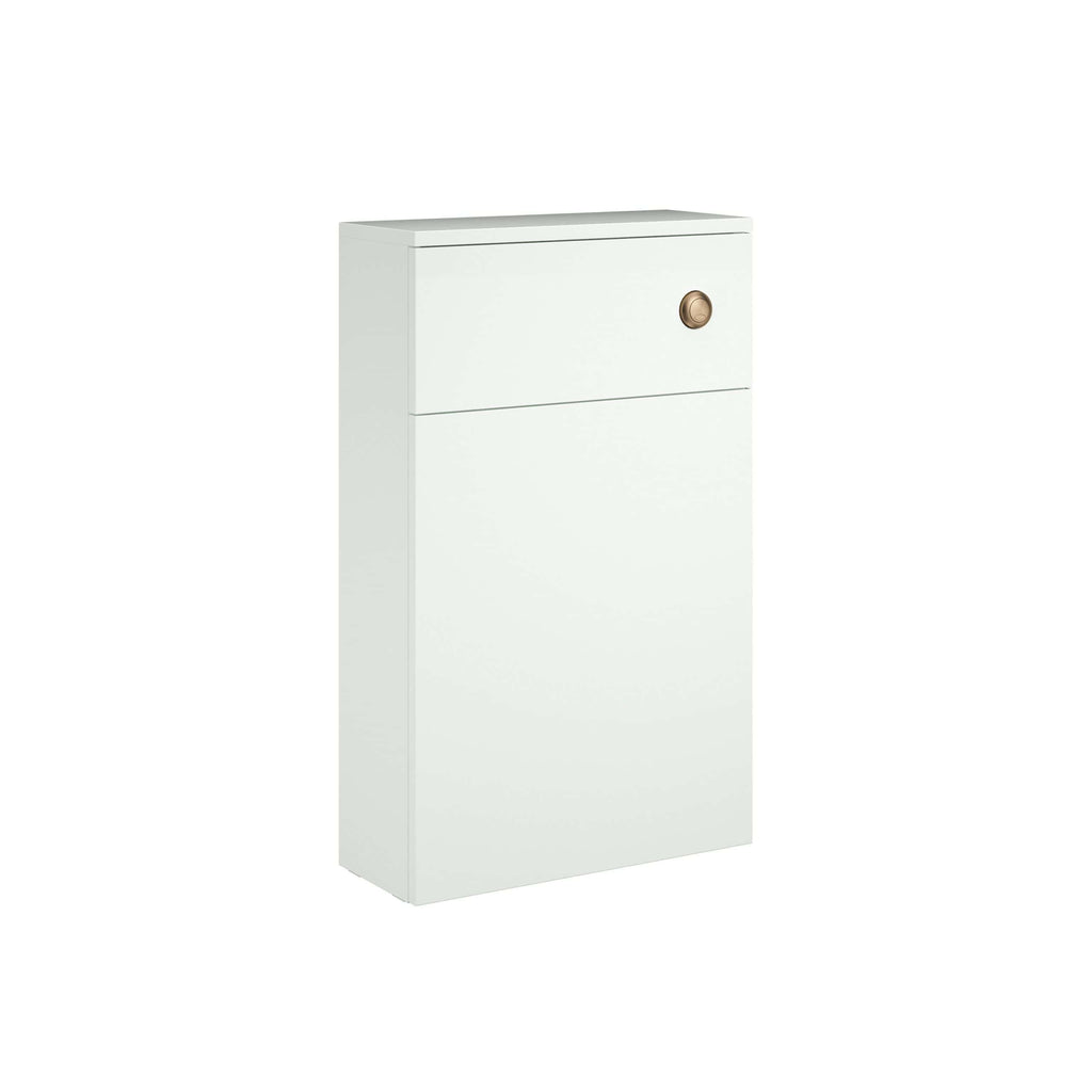 White bathroom cabinet with a copper round handle, modern storage solution for bathroom essentials.